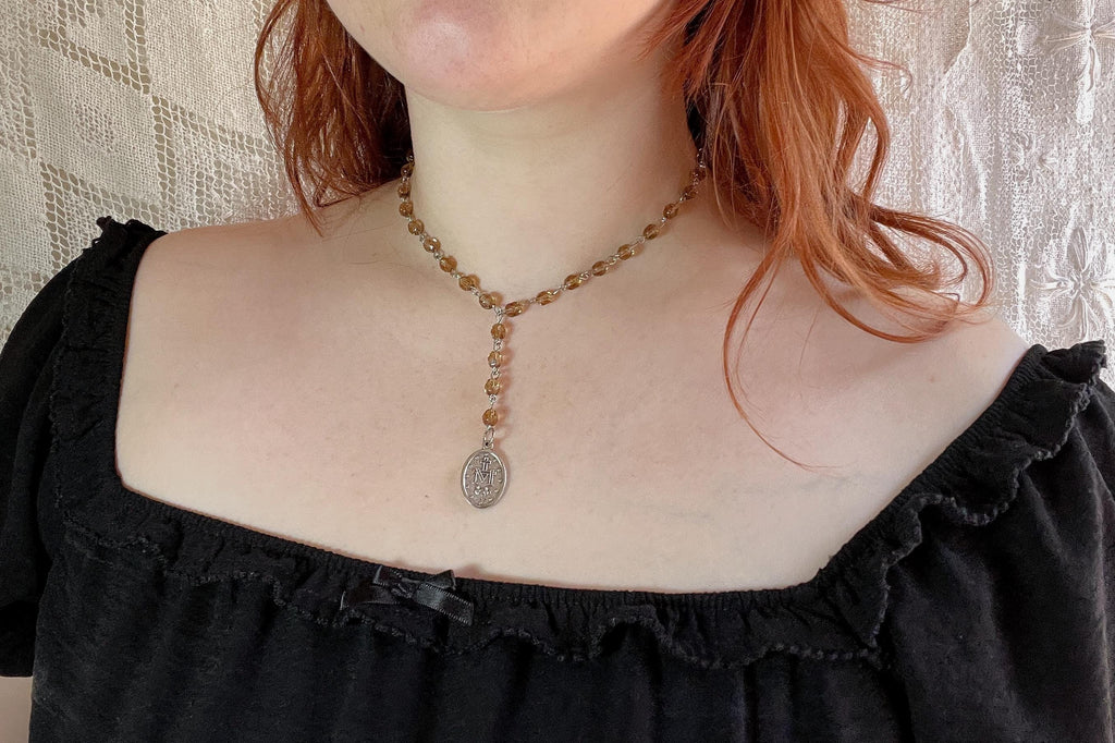 Vintage-Inspired Faceted Glass Rosary Drop Necklace with Miraculous Medal Pendant