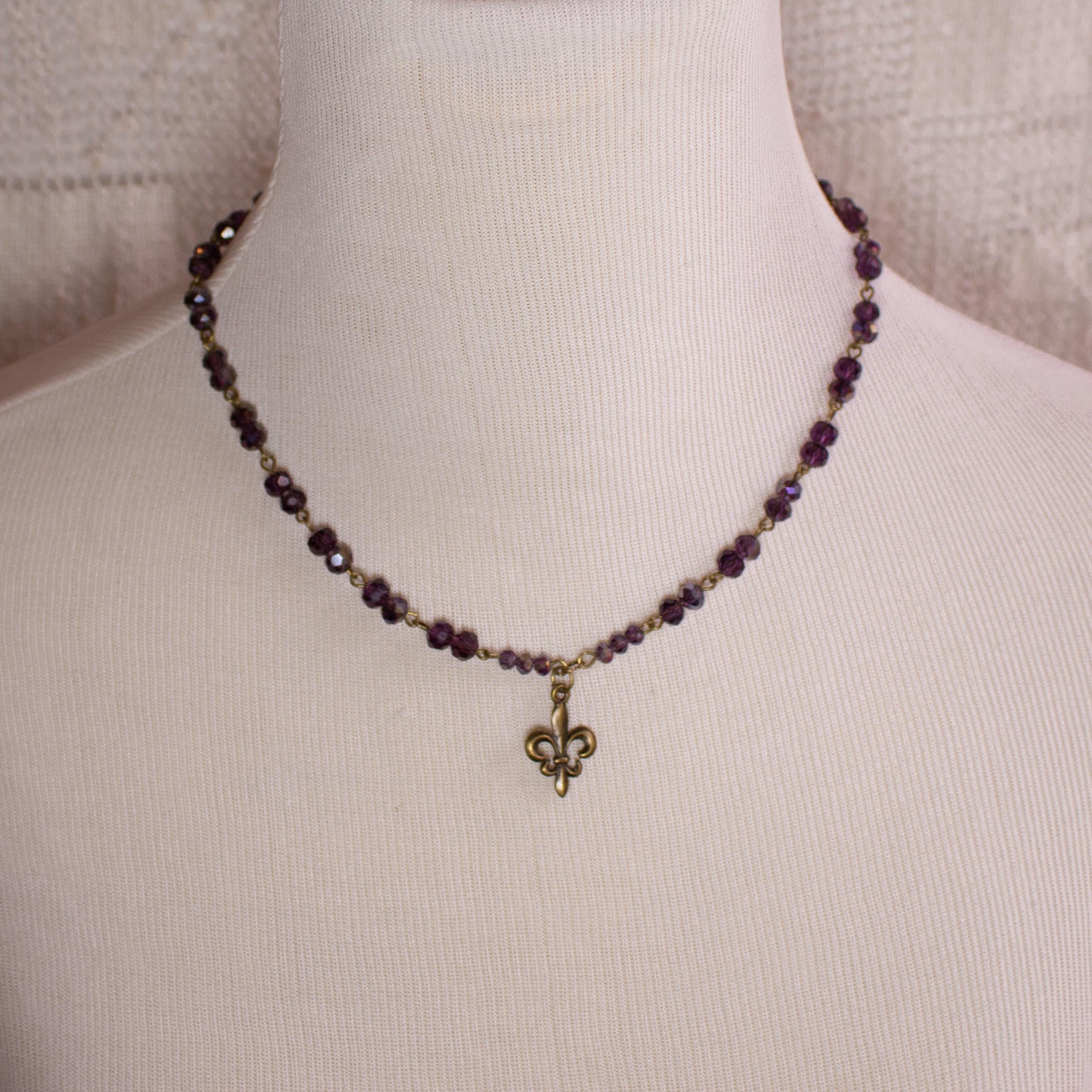Purple Beaded Fleur-de-Lis Necklace – Vintage Inspired Pendant Jewelry