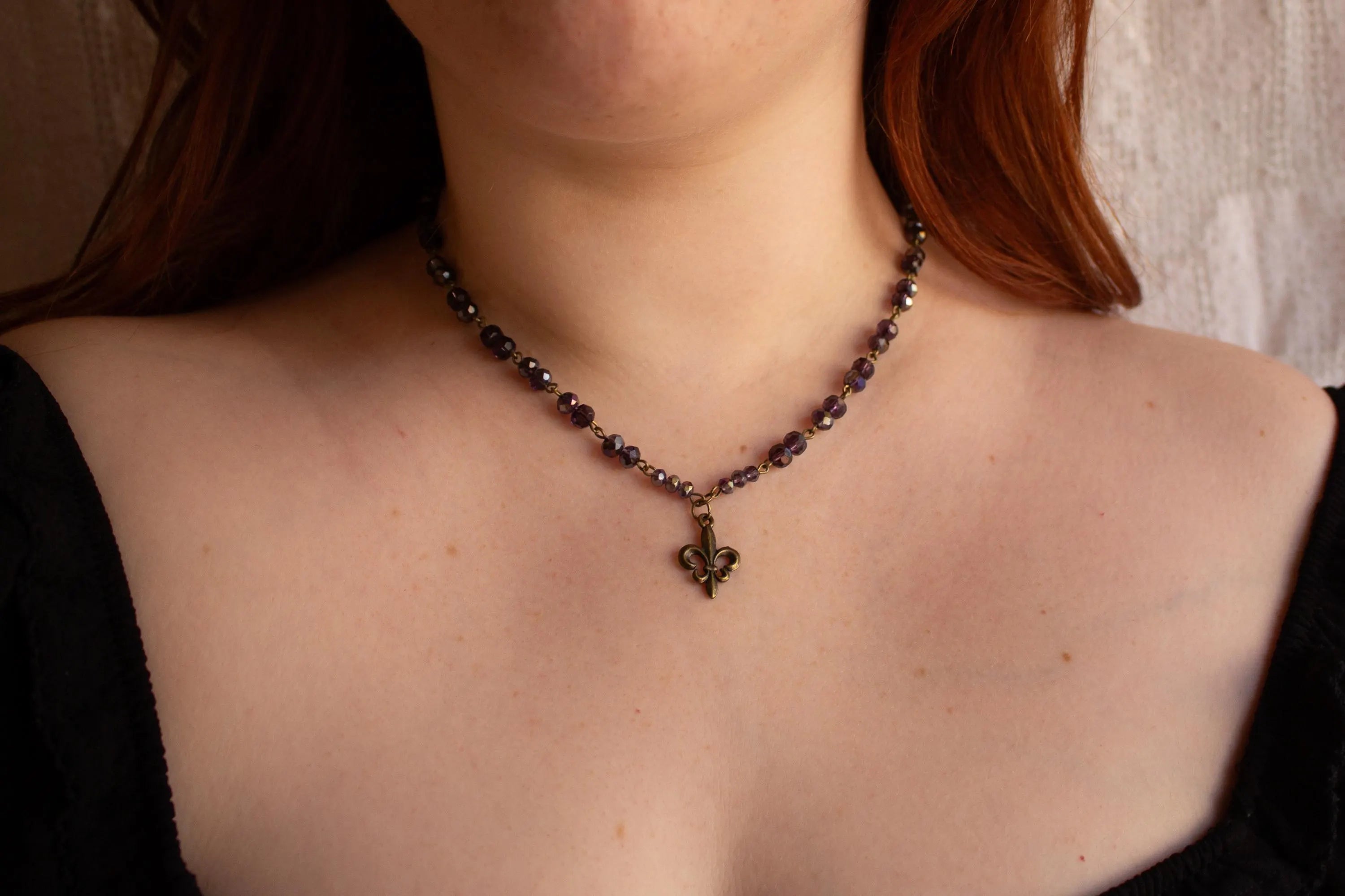 Purple Beaded Fleur-de-Lis Necklace – Vintage Inspired French Royalty Pendant Jewelry