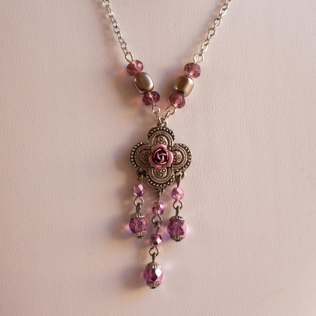Pink Flower Pendant Necklace – Vintage Inspired Beaded Rose Necklace with Romantic Cottagecore Charm