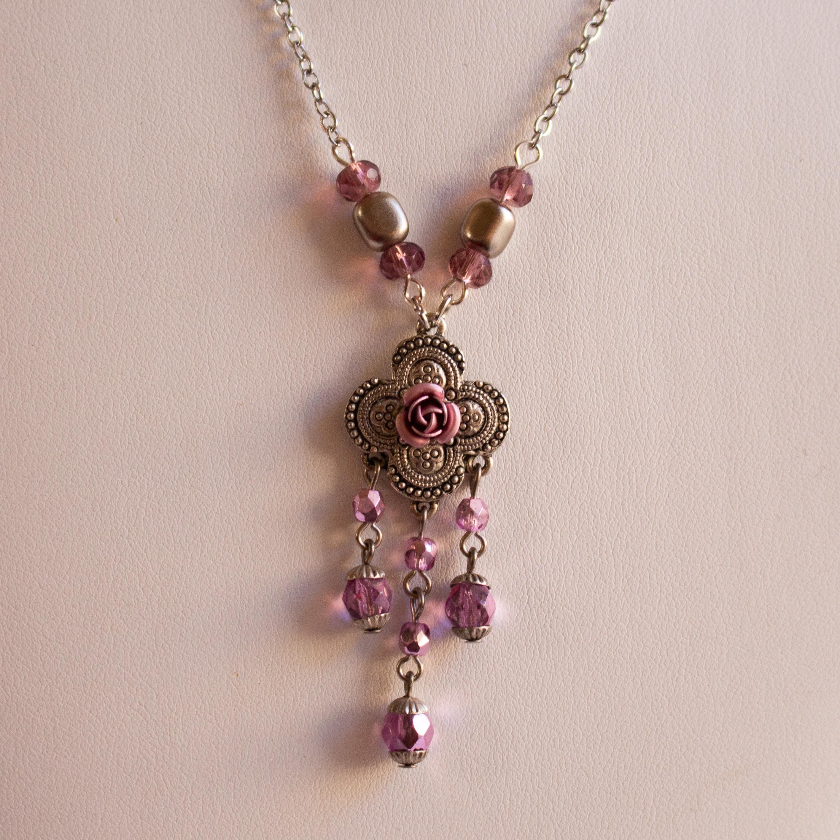 Pink Flower Pendant Necklace – Vintage Inspired Beaded Rose Necklace with Romantic Cottagecore Charm