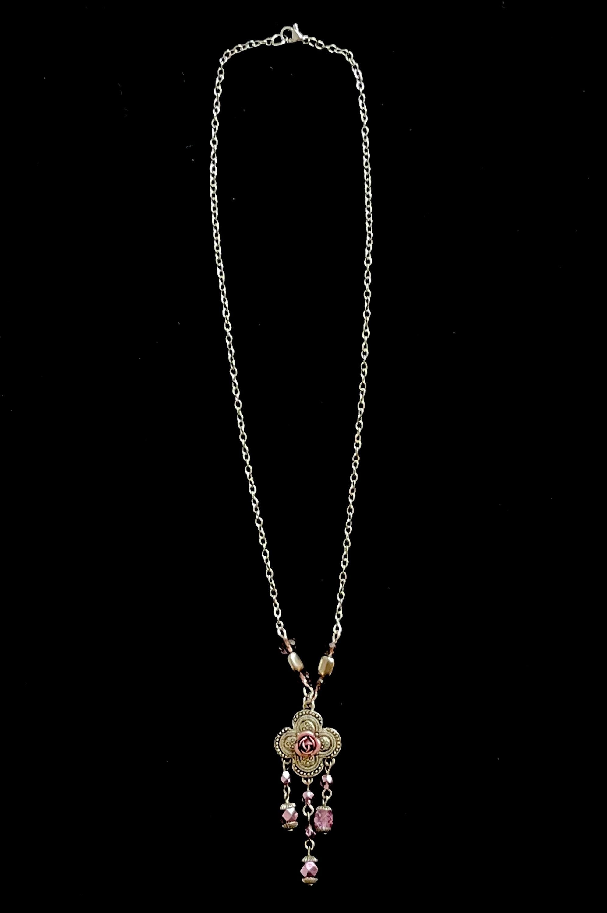 Pink Flower Pendant Necklace – Vintage Inspired Beaded Rose Necklace with Romantic Cottagecore Charm