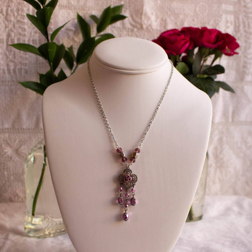 Pink Flower Pendant Necklace – Vintage Inspired Beaded Rose Necklace with Romantic Cottagecore Charm