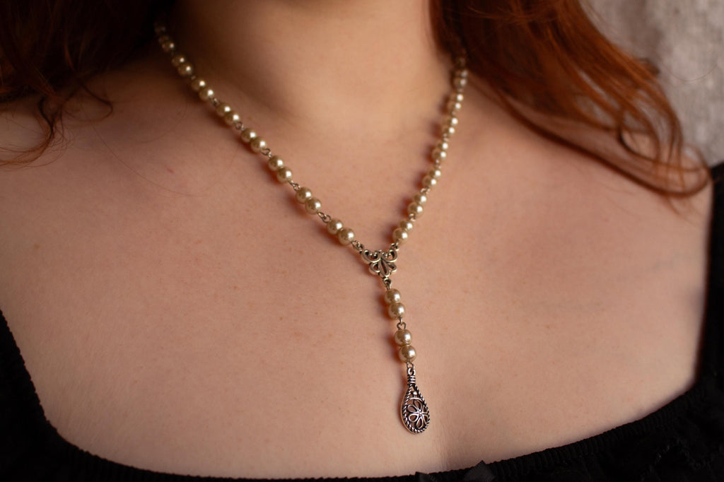 Vintage Inspired Rosary Style Drop Pendant Necklace – Silver Accent Religious Jewelry