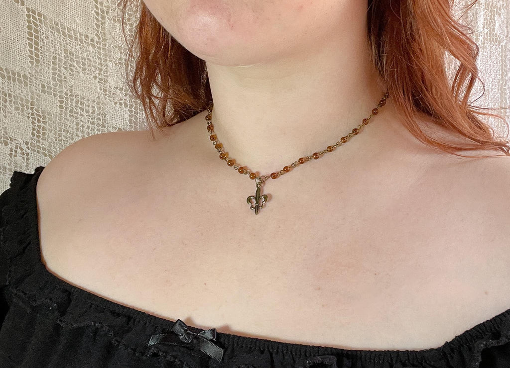 Vintage Inspired Brown Beaded Fleur De Lis Necklace – Handmade Bronze Necklace