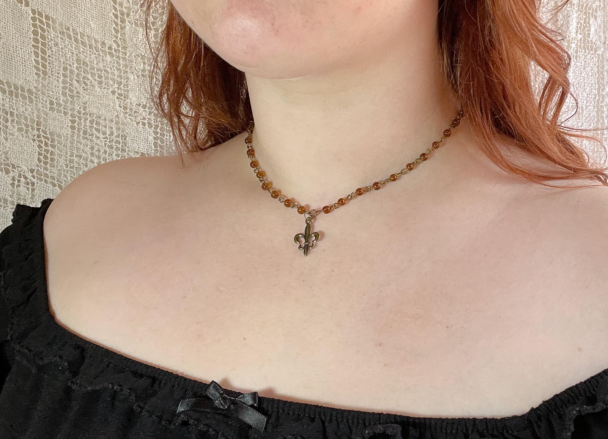 Vintage Inspired Brown Beaded Fleur De Lis Necklace – Handmade Bronze Necklace