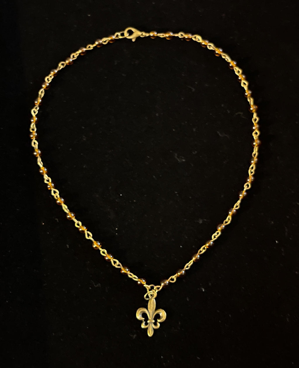 Vintage Inspired Brown Beaded Fleur De Lis Necklace – Handmade Bronze Necklace