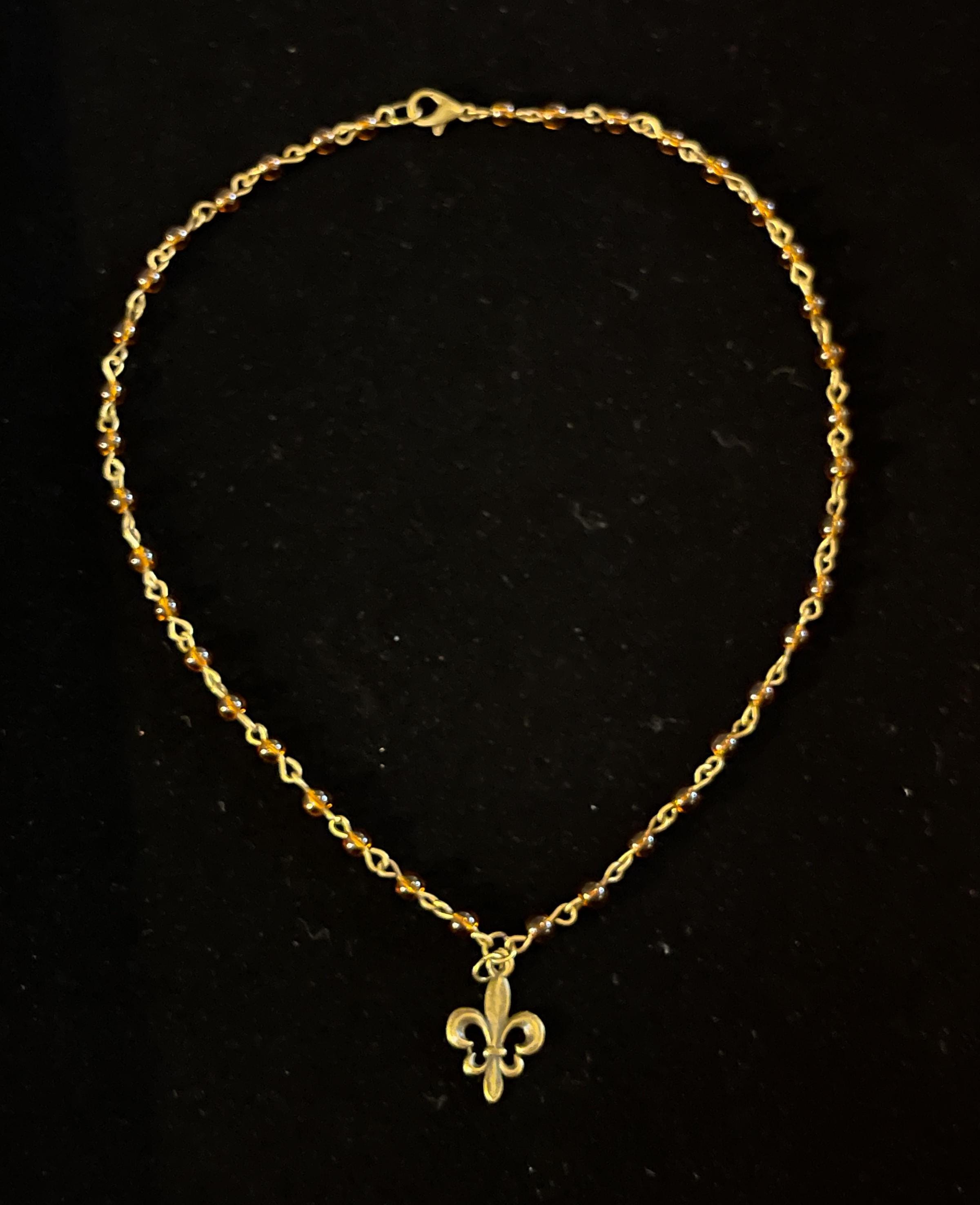 Vintage Inspired Brown Beaded Fleur De Lis Necklace – Handmade Bronze Necklace