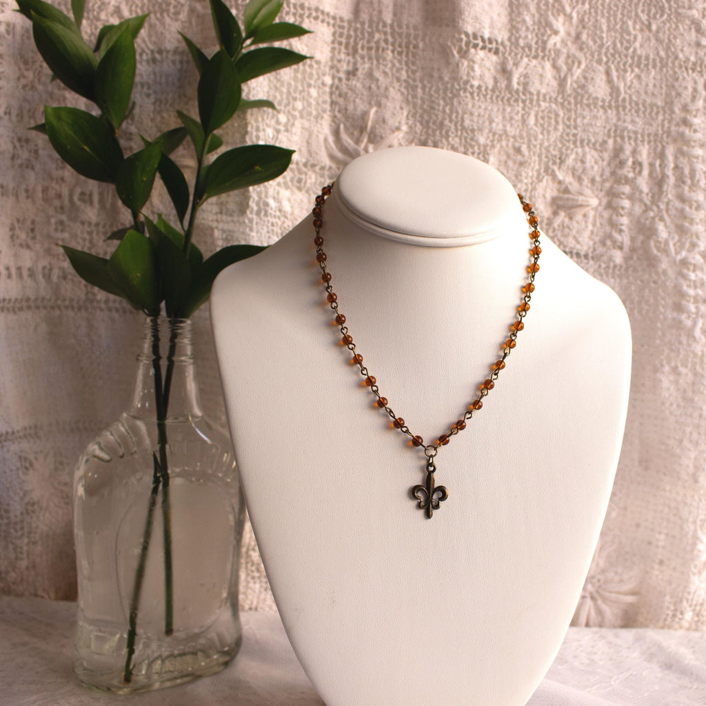 Vintage Inspired Brown Beaded Fleur De Lis Necklace – Handmade Bronze Necklace
