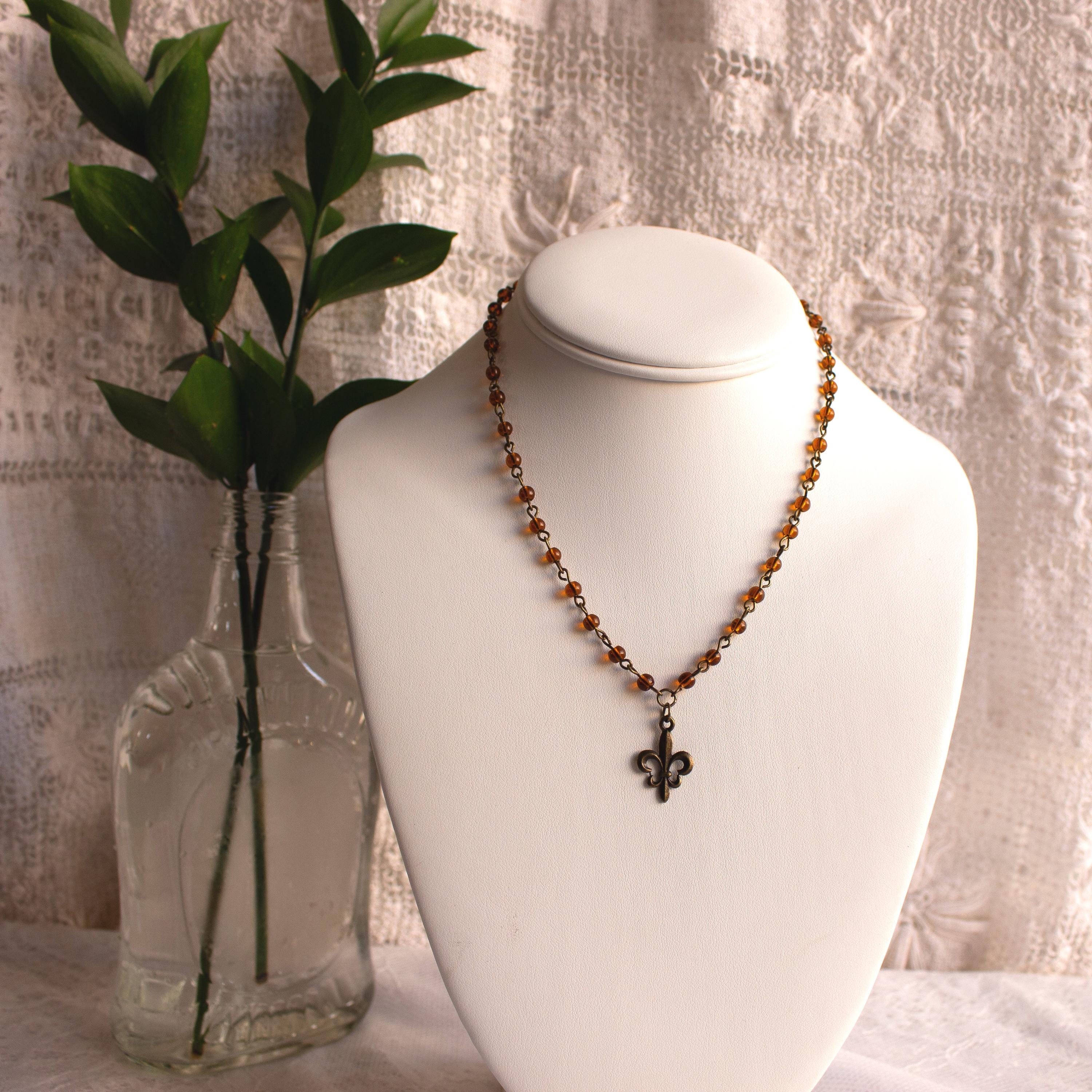 Vintage Inspired Brown Beaded Fleur De Lis Necklace – Handmade Bronze Necklace