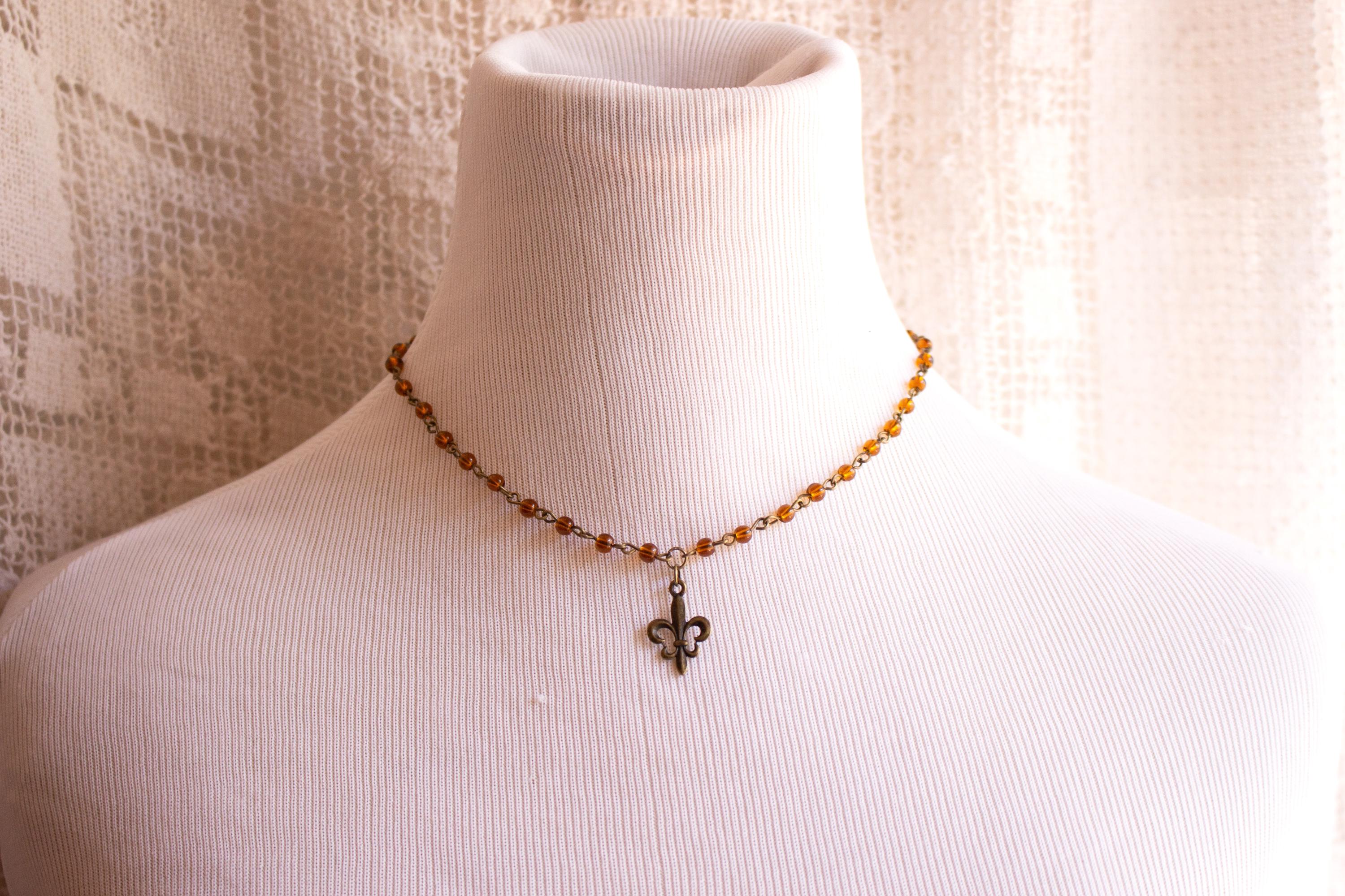 Vintage Inspired Brown Beaded Fleur De Lis Necklace – Handmade Bronze Necklace