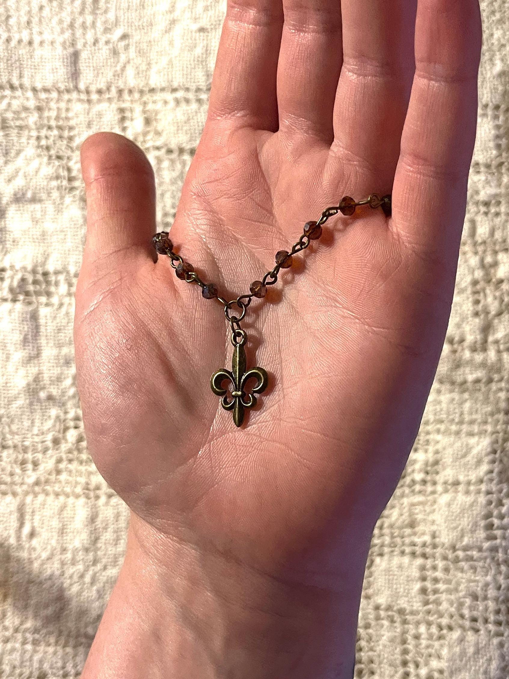 Vintage Inspired Brown Purple Beaded Fleur De Lis Necklace – Handmade Bronze Charm Jewelry