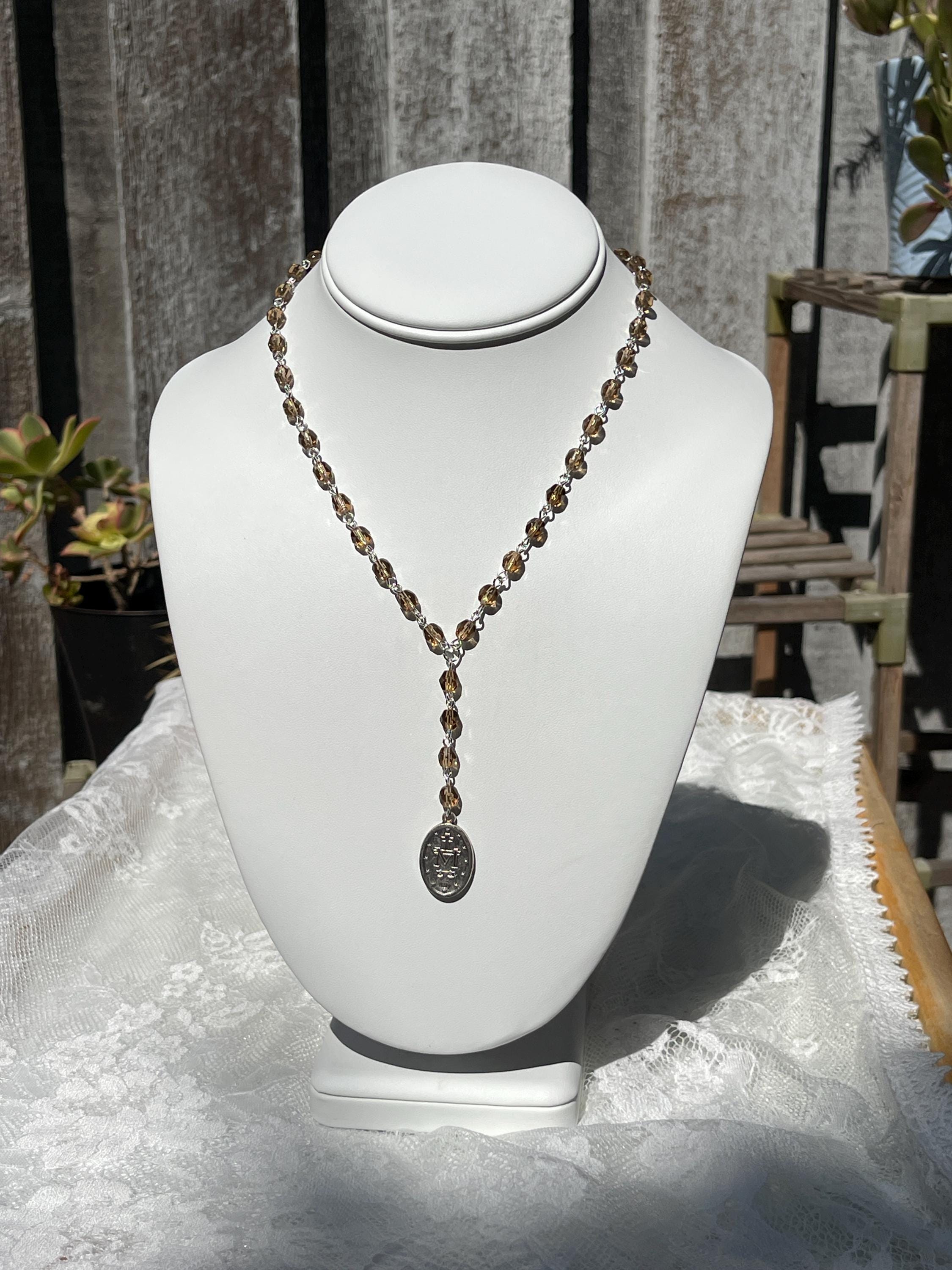 Vintage-Inspired Faceted Glass Rosary Drop Necklace with Miraculous Medal Pendant