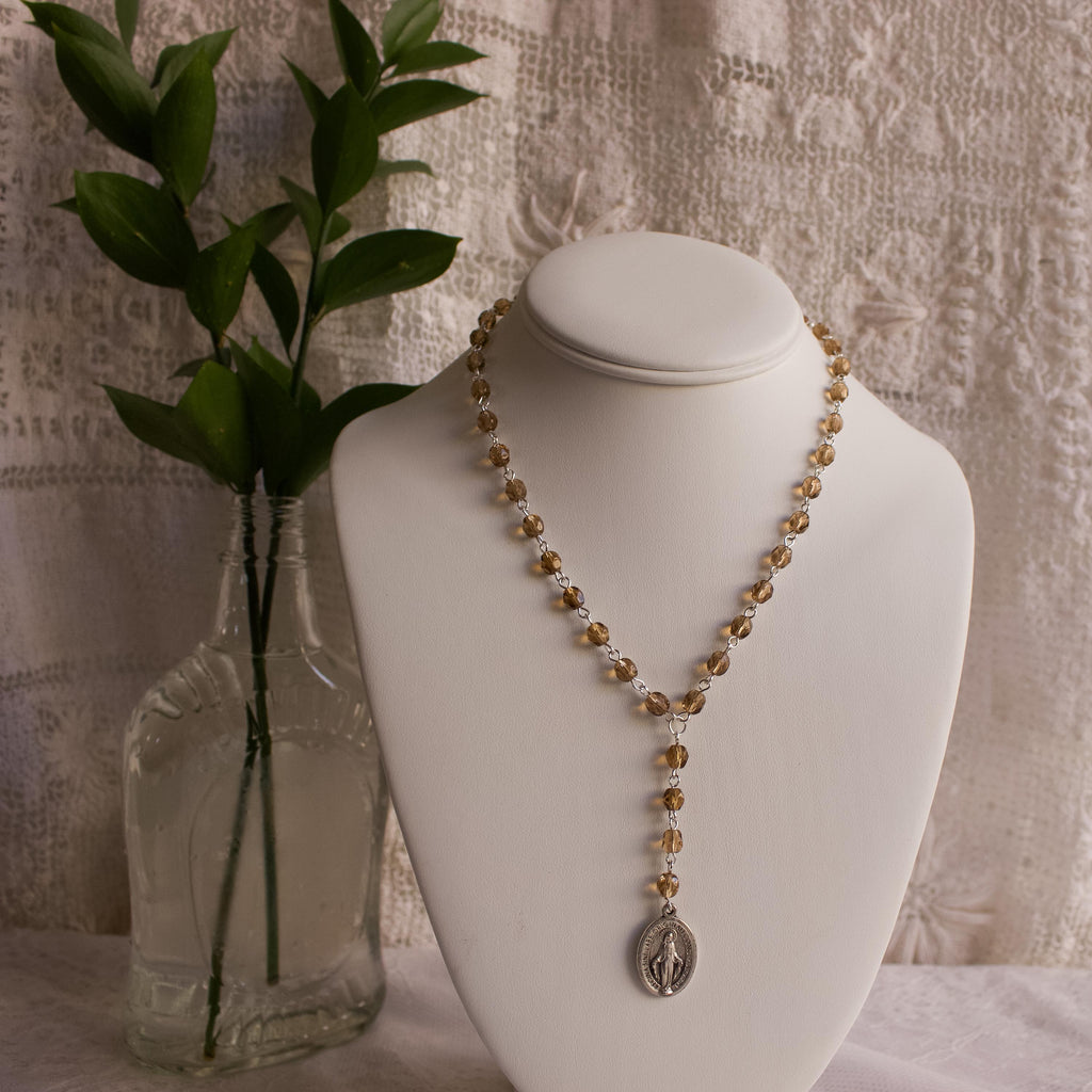 Vintage-Inspired Faceted Glass Rosary Drop Necklace with Miraculous Medal Pendant