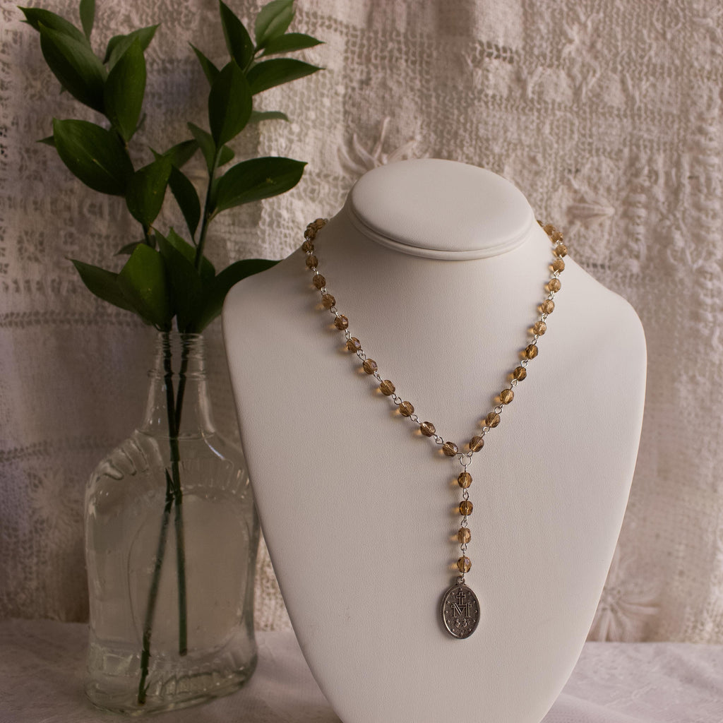 Vintage-Inspired Faceted Glass Rosary Drop Necklace with Miraculous Medal Pendant