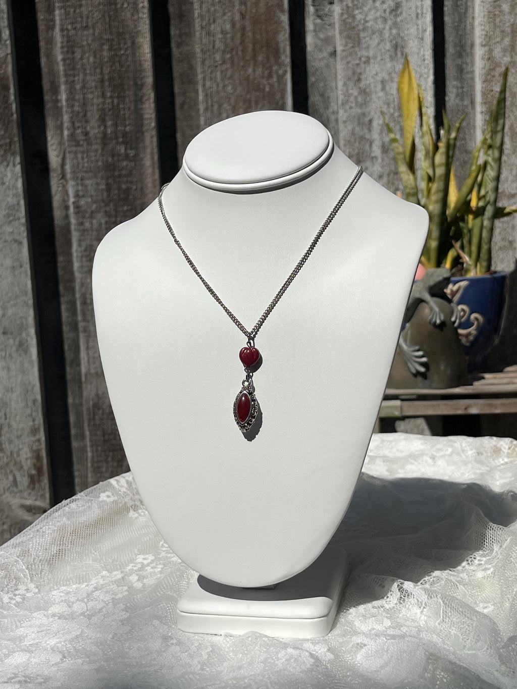 Vintage-Inspired Red Heart Silver Drop Pendant Necklace – Handmade Statement Jewelry