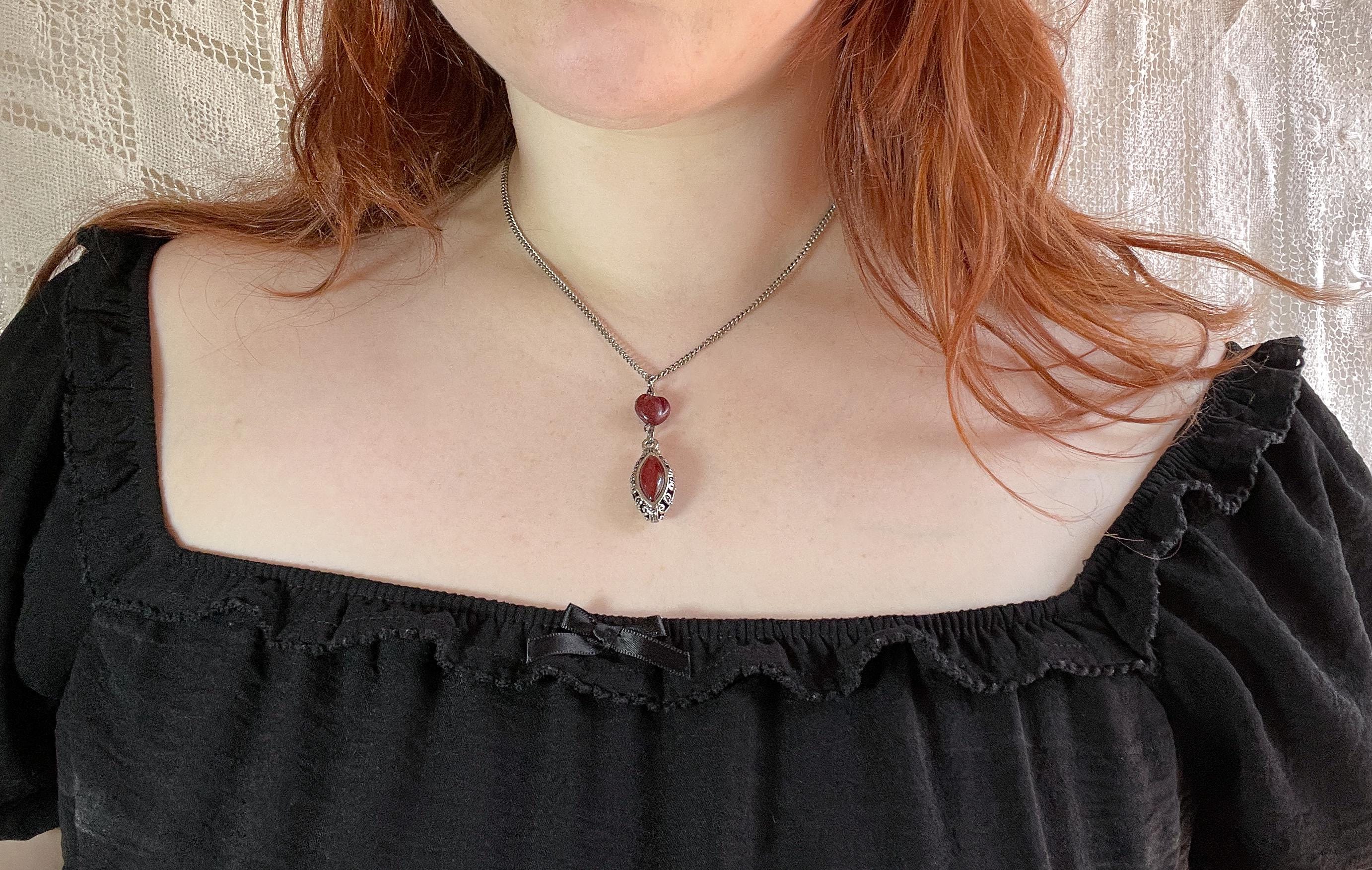 Vintage-Inspired Red Heart Silver Drop Pendant Necklace – Handmade Statement Jewelry
