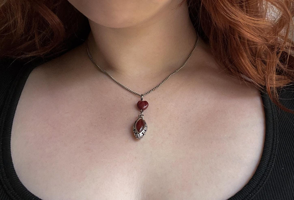 Vintage-Inspired Red Heart Silver Drop Pendant Necklace – Handmade Statement Jewelry