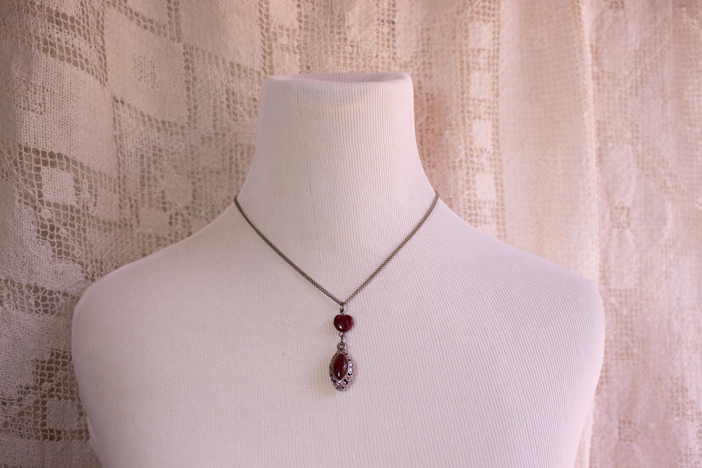 Vintage-Inspired Red Heart Silver Drop Pendant Necklace – Handmade Statement Jewelry