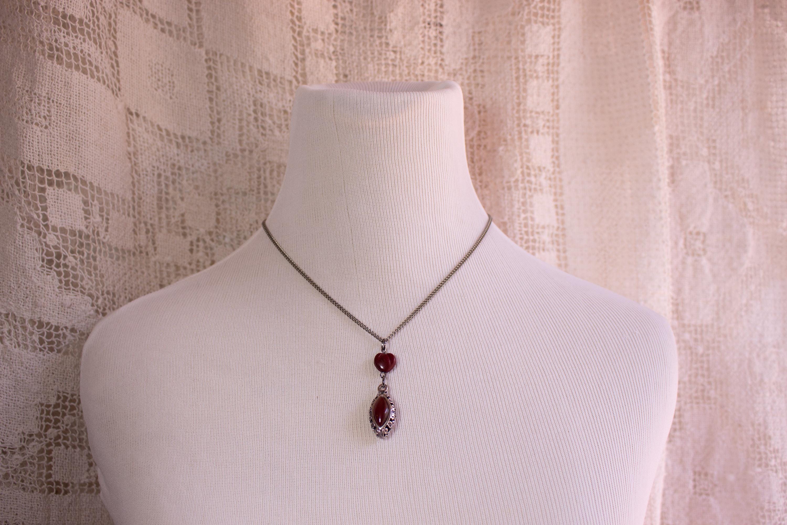 Vintage-Inspired Red Heart Silver Drop Pendant Necklace – Handmade Statement Jewelry