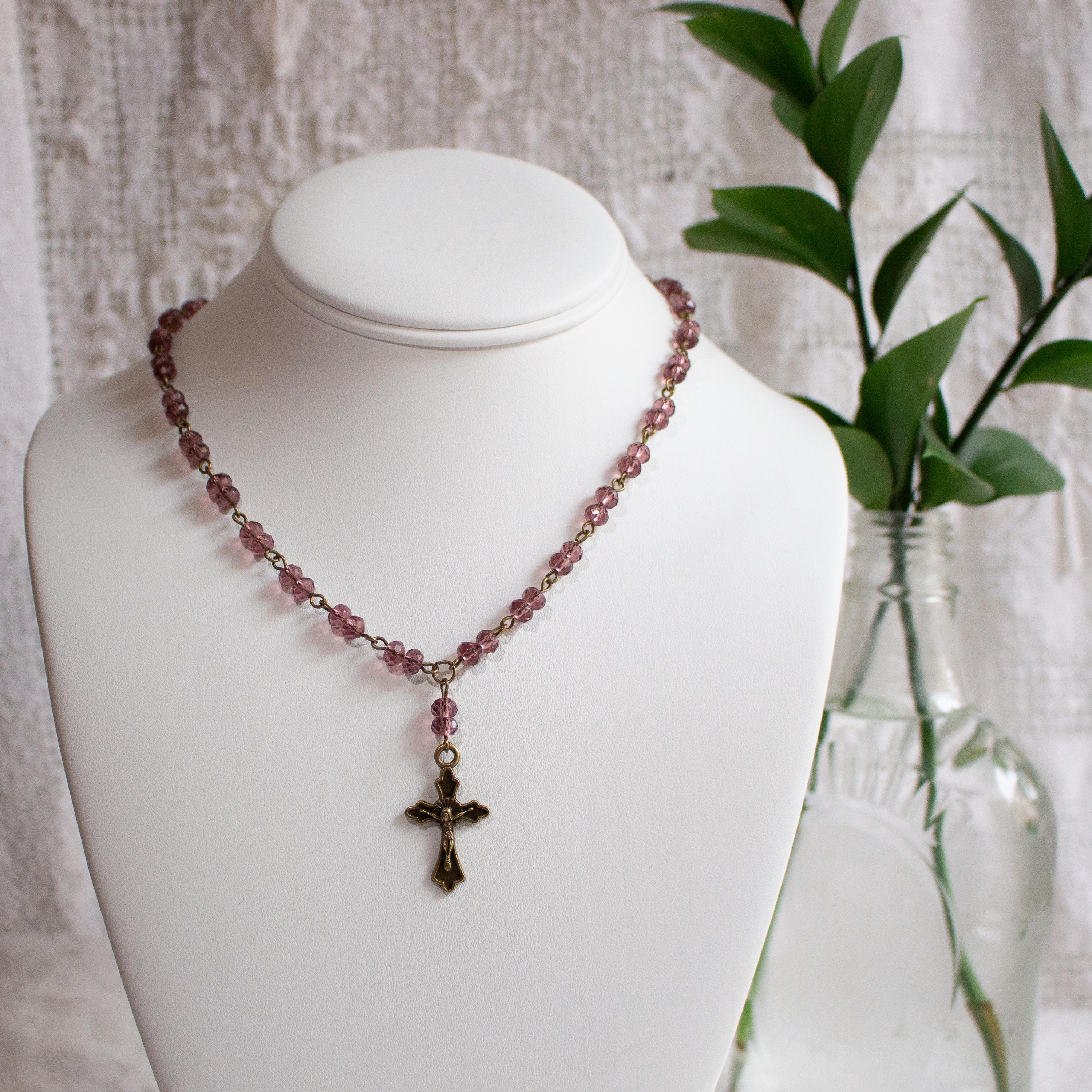 Vintage Inspired Purple Beaded Bronze Cross Necklace – Whimsigoth Spiritual Jewelry