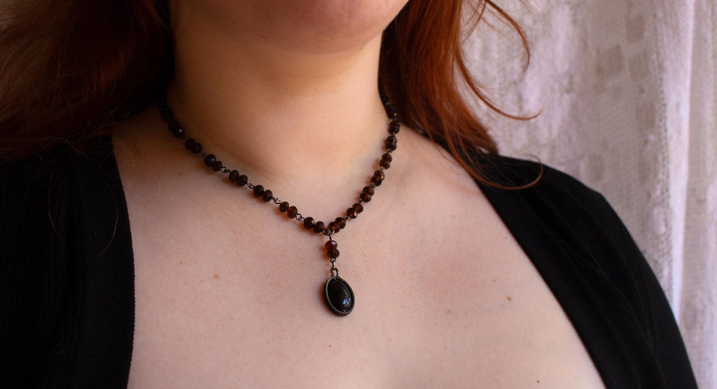 Vintage Inspired Black Stone Rosary Style Drop Necklace with Brown Beads – Handmade Spiritual Jewelry