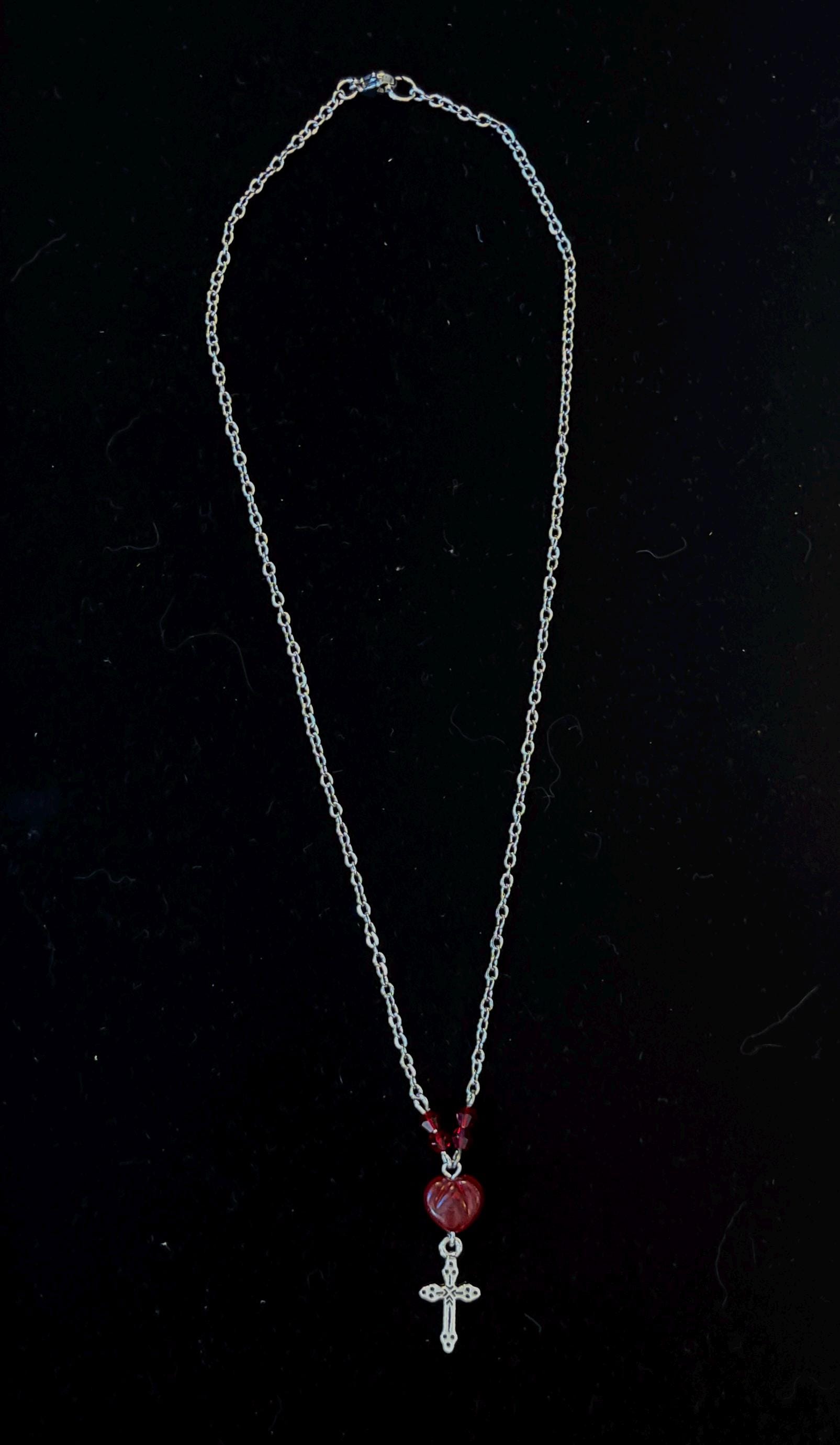 Vintage Inspired Sterling Silver Heart Bead Cross Drop Necklace – Handmade Jewelry