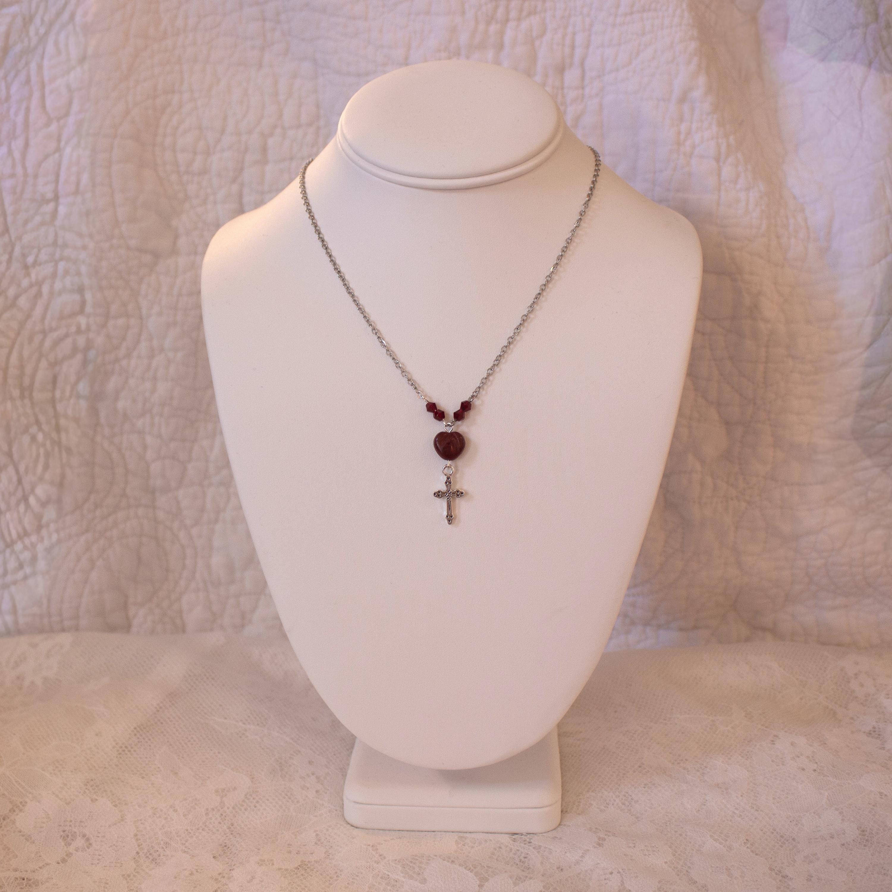 Vintage Inspired Sterling Silver Heart Bead Cross Drop Necklace – Handmade Jewelry