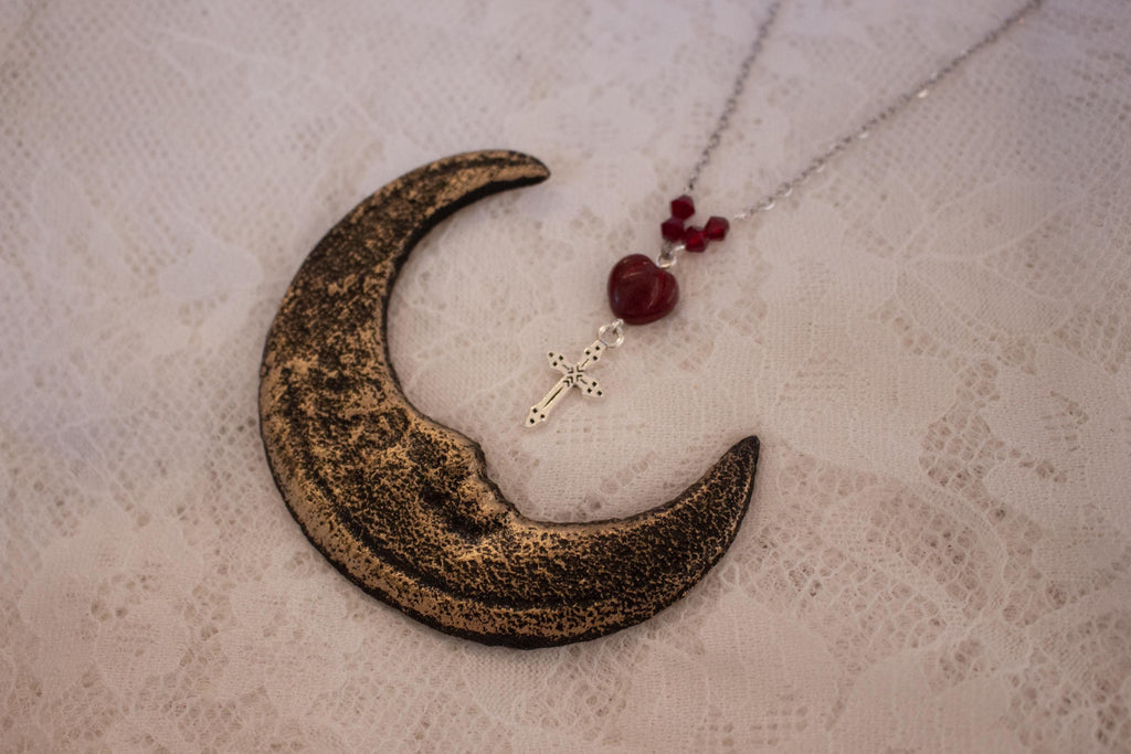 Vintage Inspired Sterling Silver Heart Bead Cross Drop Necklace – Handmade Jewelry