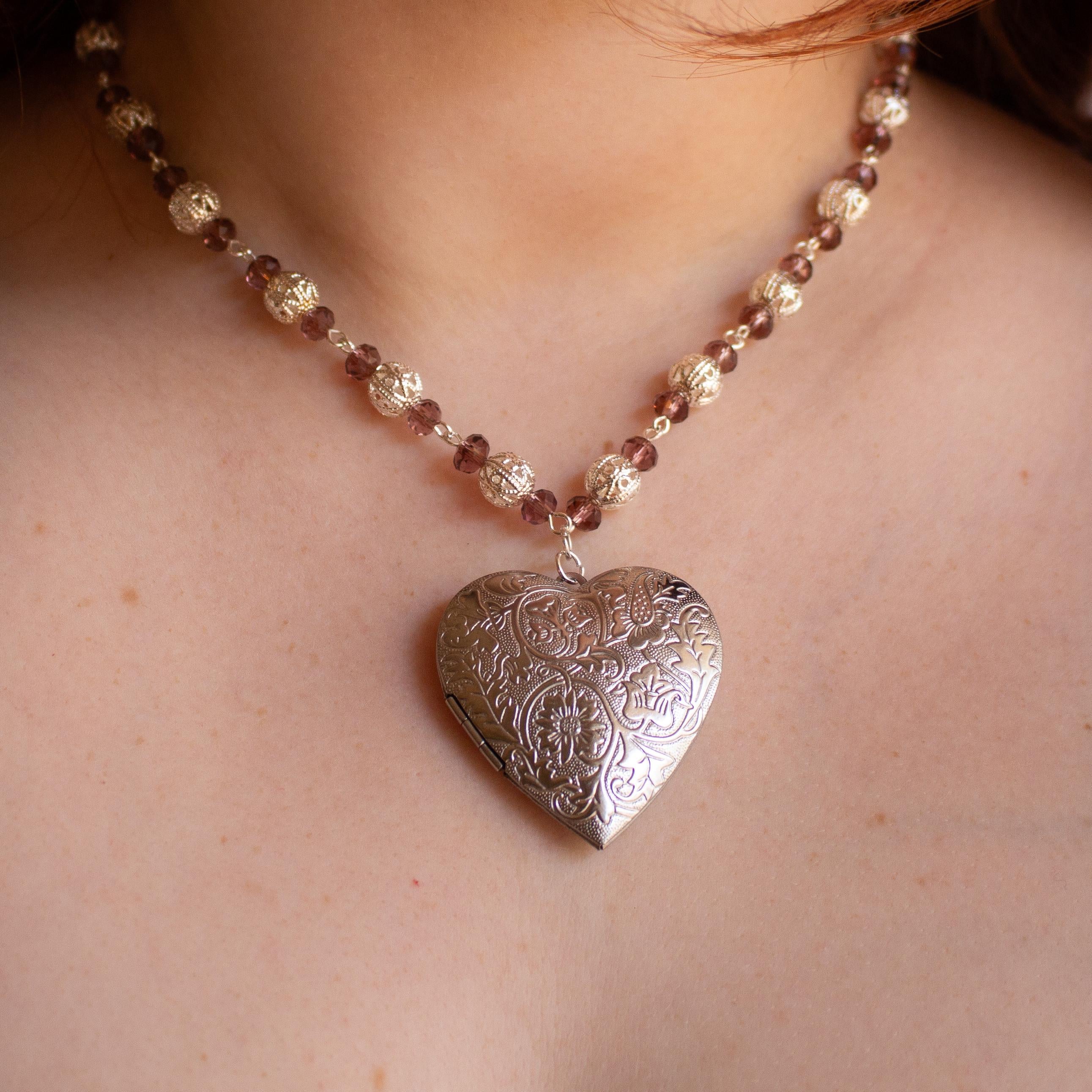 Purple and Silver Beaded Heart Locket Necklace – Vintage Inspired Oversized Pendant Jewelry