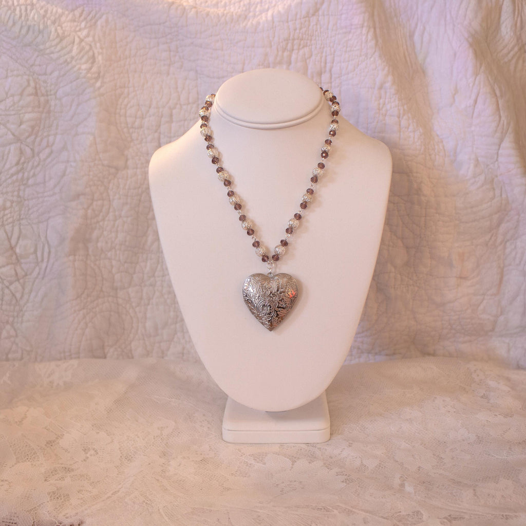 Purple and Silver Beaded Heart Locket Necklace – Vintage Inspired Oversized Pendant Jewelry
