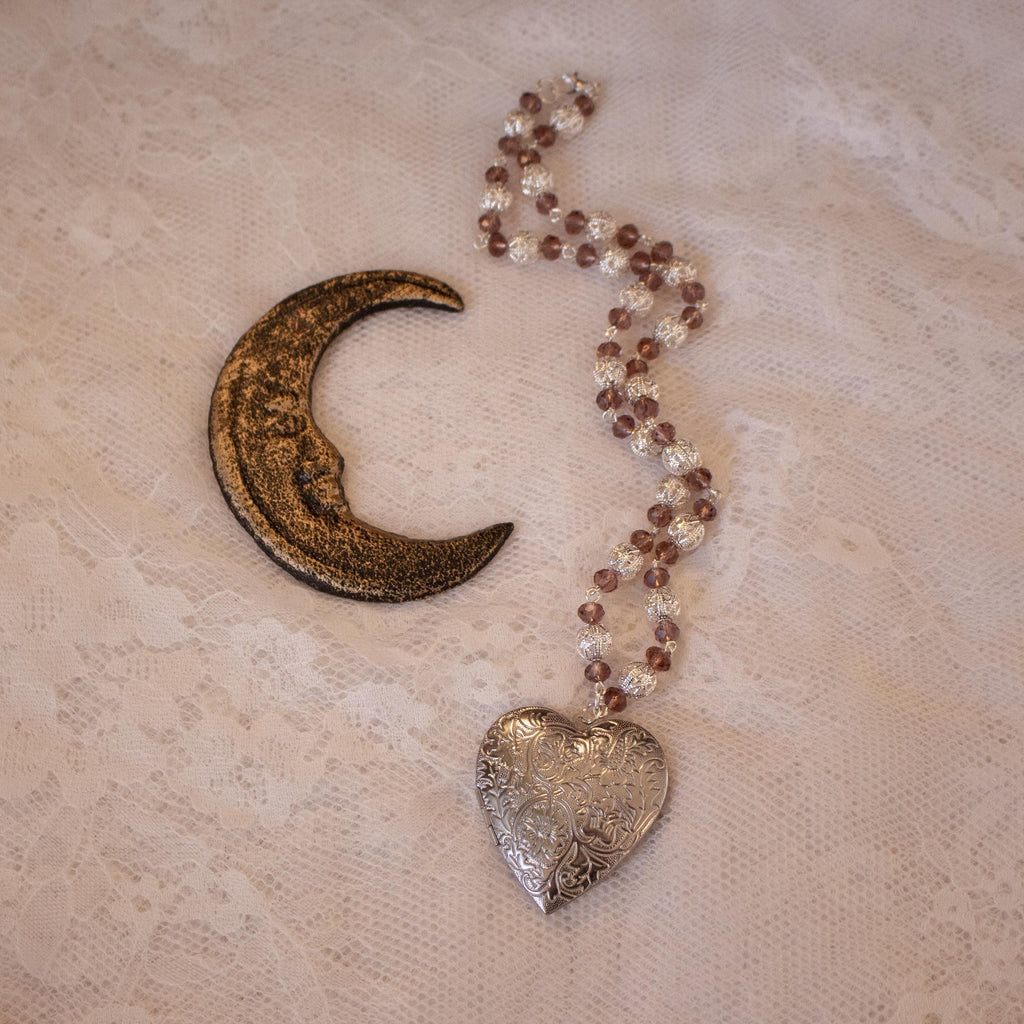 Purple and Silver Beaded Heart Locket Necklace – Vintage Inspired Oversized Pendant Jewelry