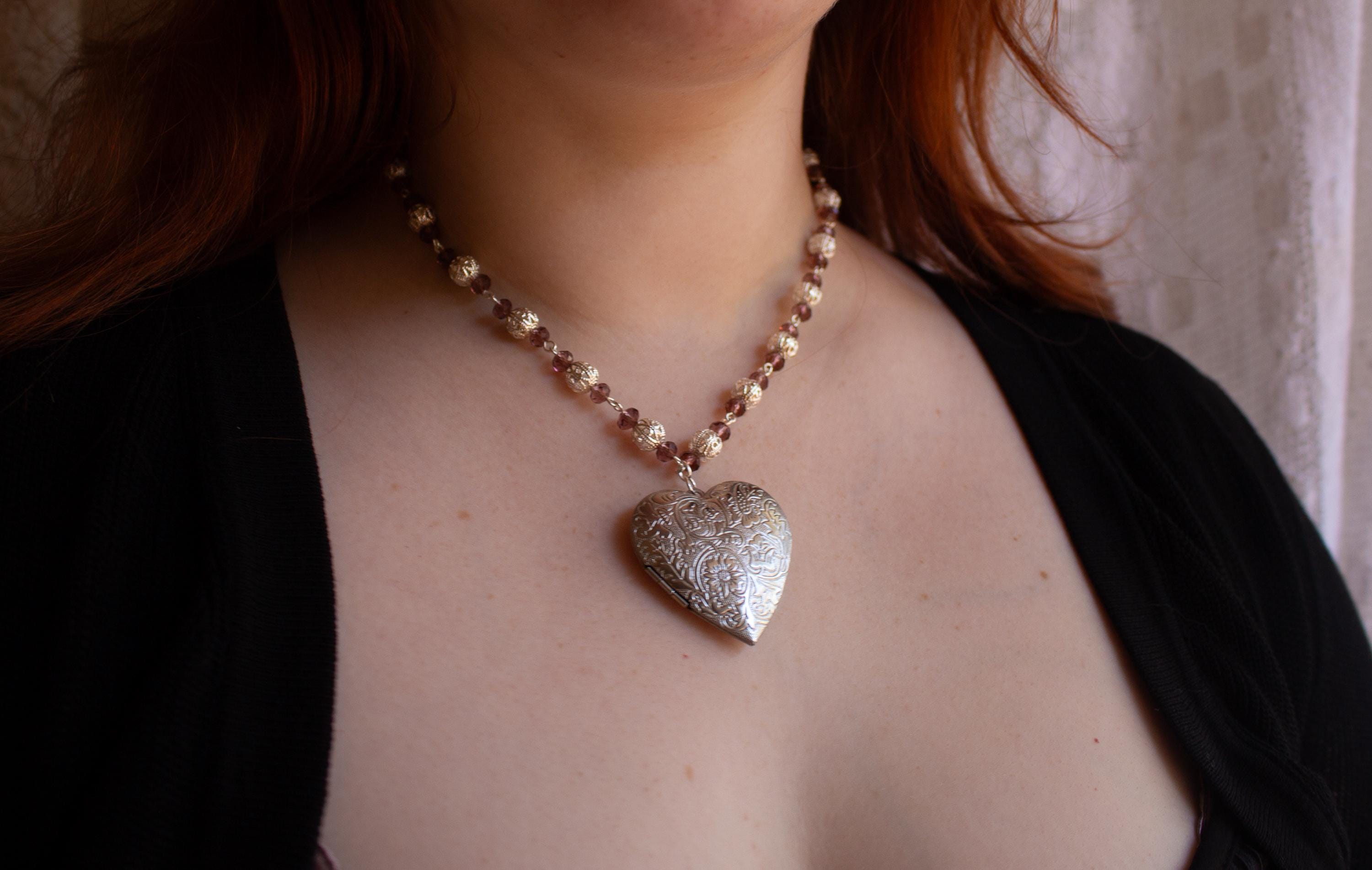 Purple and Silver Beaded Heart Locket Necklace – Vintage Inspired Oversized Pendant Jewelry