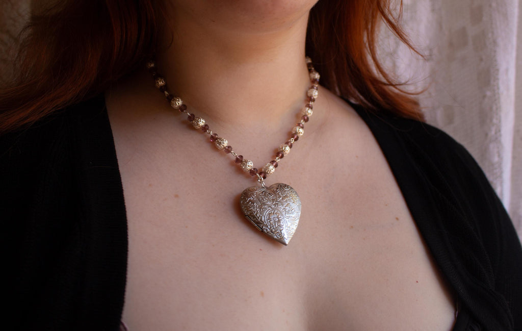Purple and Silver Beaded Heart Locket Necklace – Vintage Inspired Oversized Pendant Jewelry