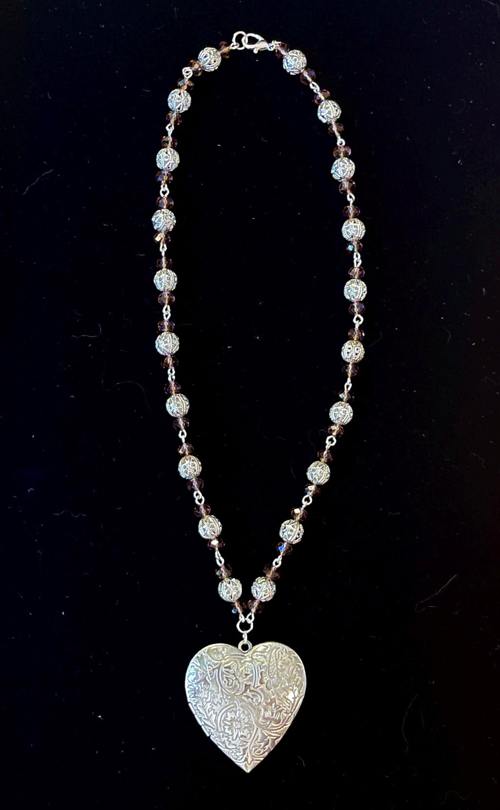 Purple and Silver Beaded Heart Locket Necklace – Vintage Inspired Oversized Pendant Jewelry