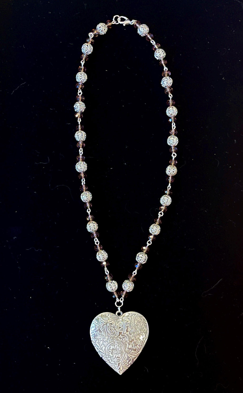 Purple and Silver Beaded Heart Locket Necklace – Vintage Inspired Oversized Pendant Jewelry