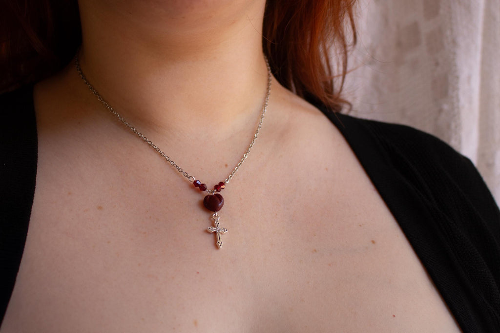 Vintage Inspired Sterling Silver Heart Bead Cross Drop Necklace – Handmade Jewelry