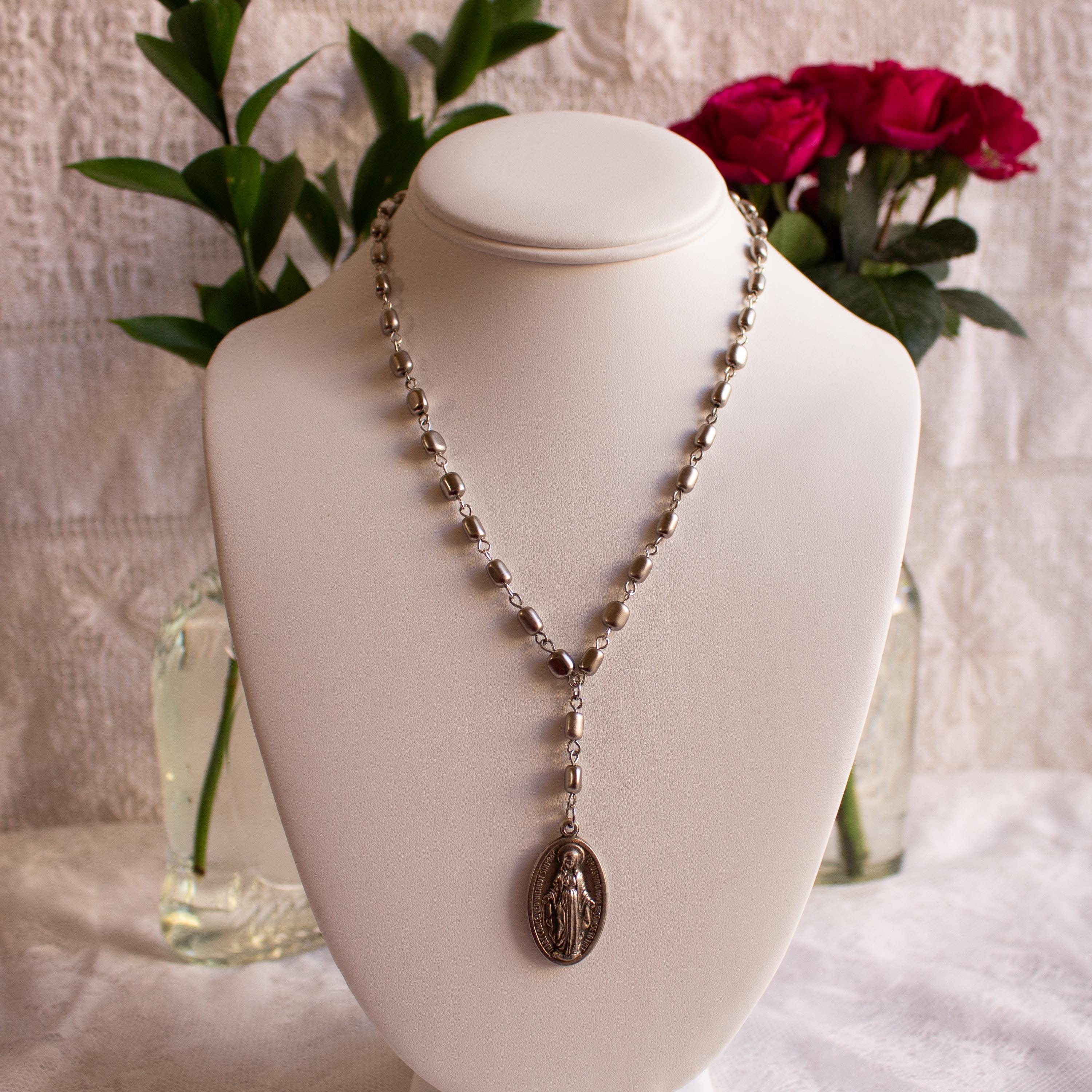 Miraculous Medal Rosary Drop Necklace – Vintage Inspired Silver Virgin Mary Pendant Jewelry