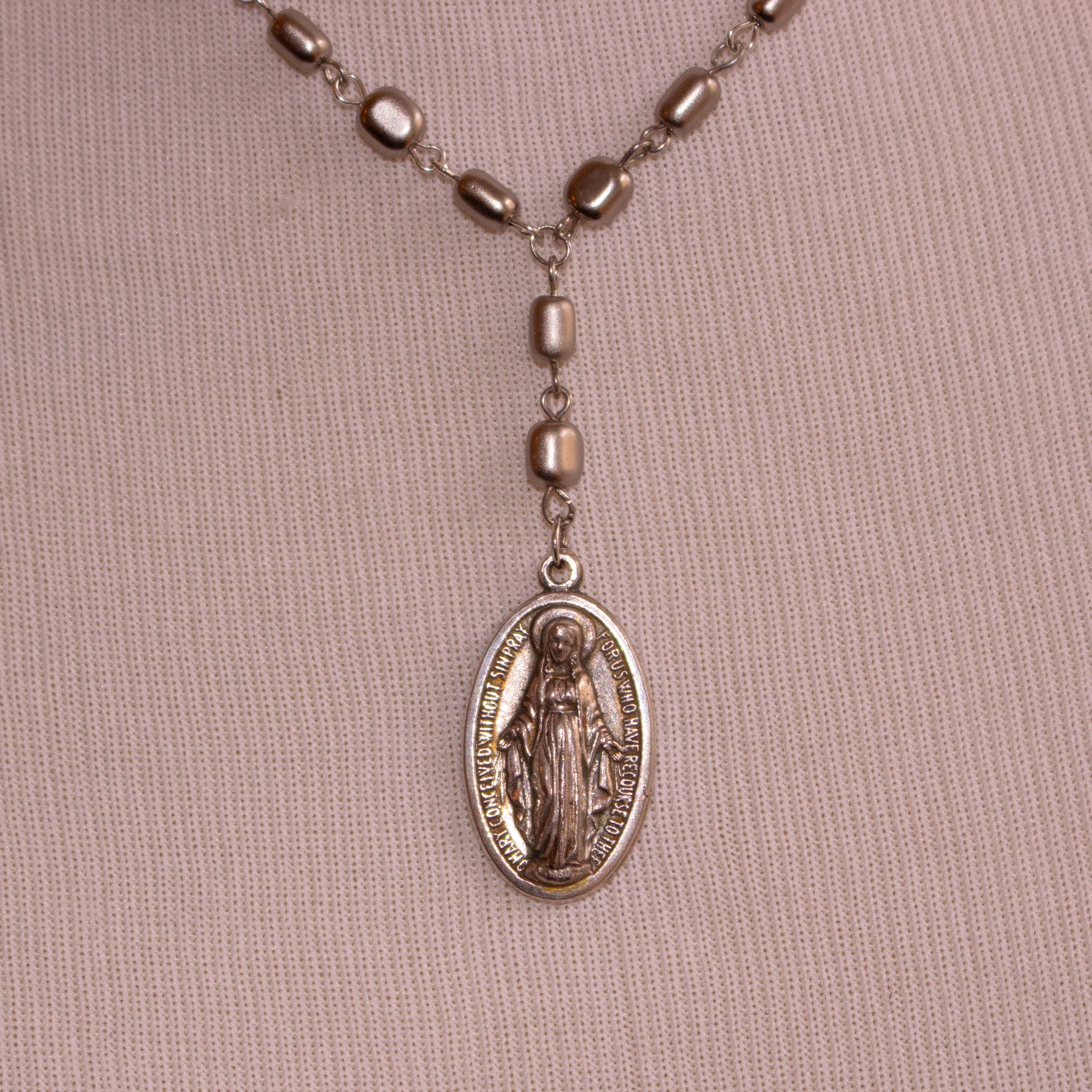 Miraculous Medal Rosary Drop Necklace – Vintage Inspired Silver Virgin Mary Pendant Jewelry