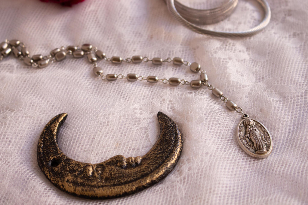 Miraculous Medal Rosary Drop Necklace – Vintage Inspired Silver Virgin Mary Pendant Jewelry