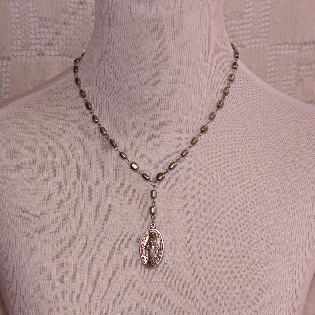 Miraculous Medal Rosary Drop Necklace – Vintage Inspired Silver Virgin Mary Pendant Jewelry