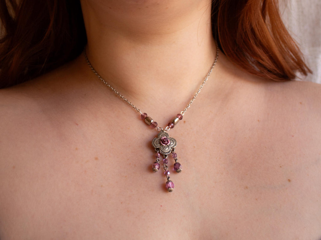 Pink Flower Pendant Necklace – Vintage Inspired Beaded Rose Necklace with Romantic Cottagecore Charm