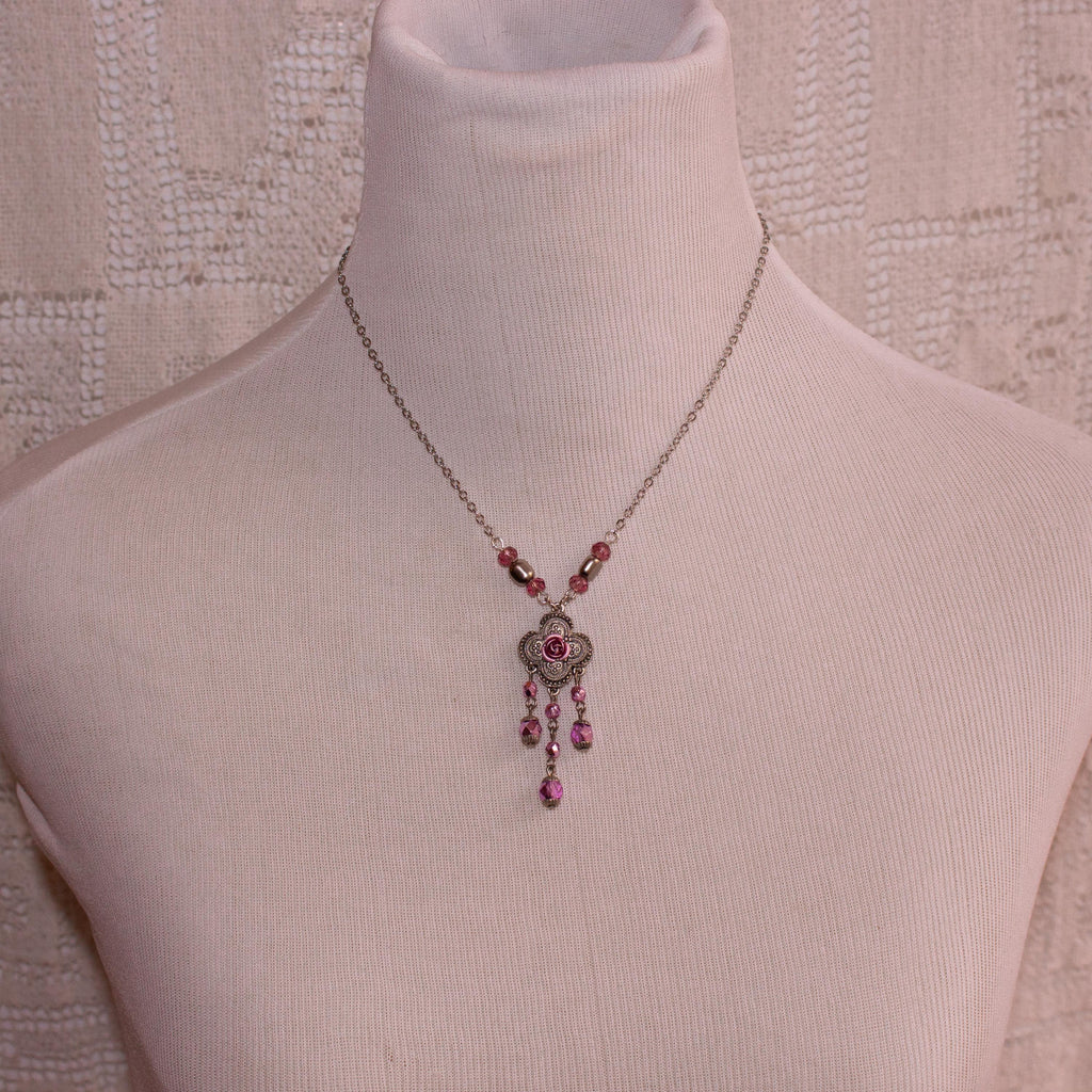 Pink Flower Pendant Necklace – Vintage Inspired Beaded Rose Necklace with Romantic Cottagecore Charm