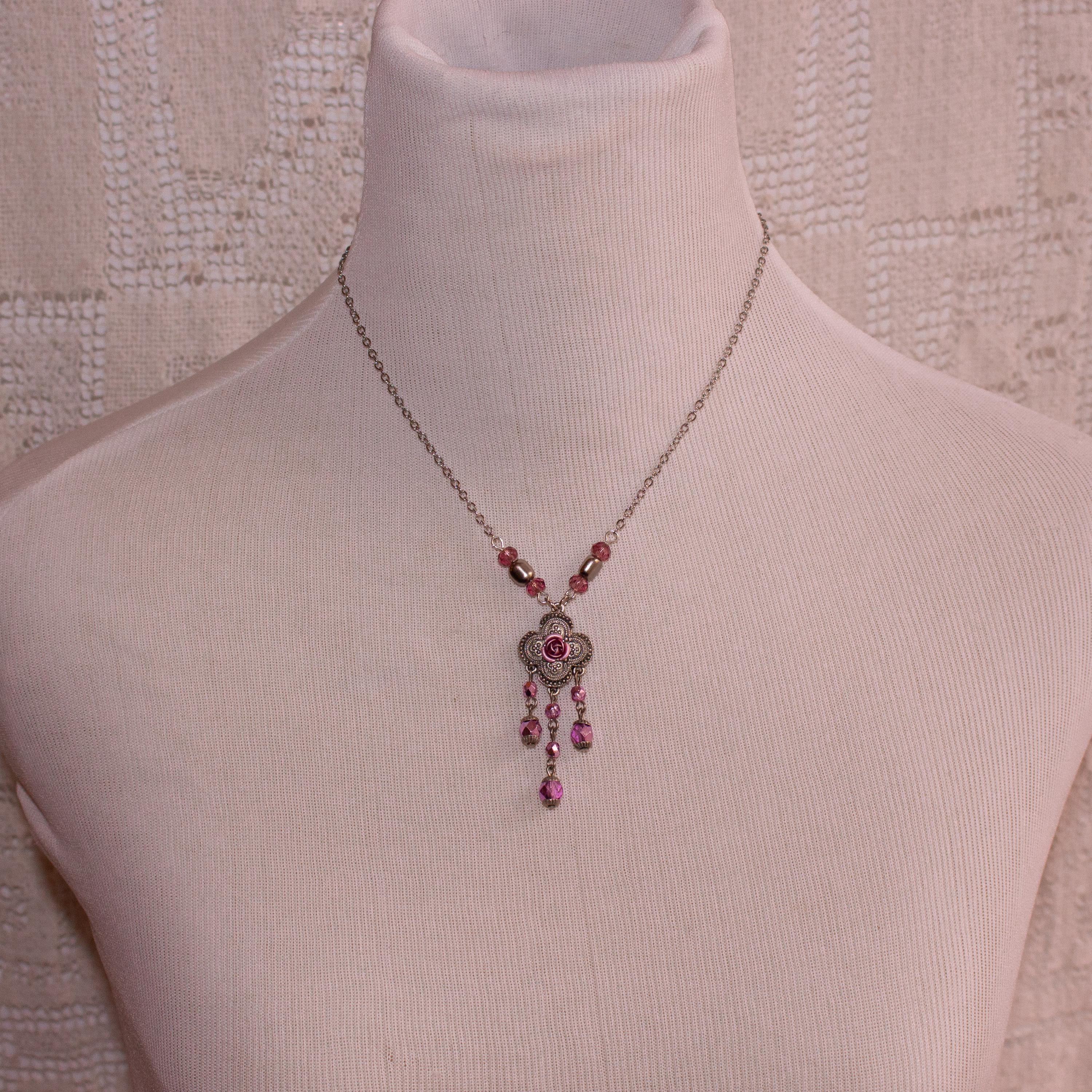 Pink Flower Pendant Necklace – Vintage Inspired Beaded Rose Necklace with Romantic Cottagecore Charm