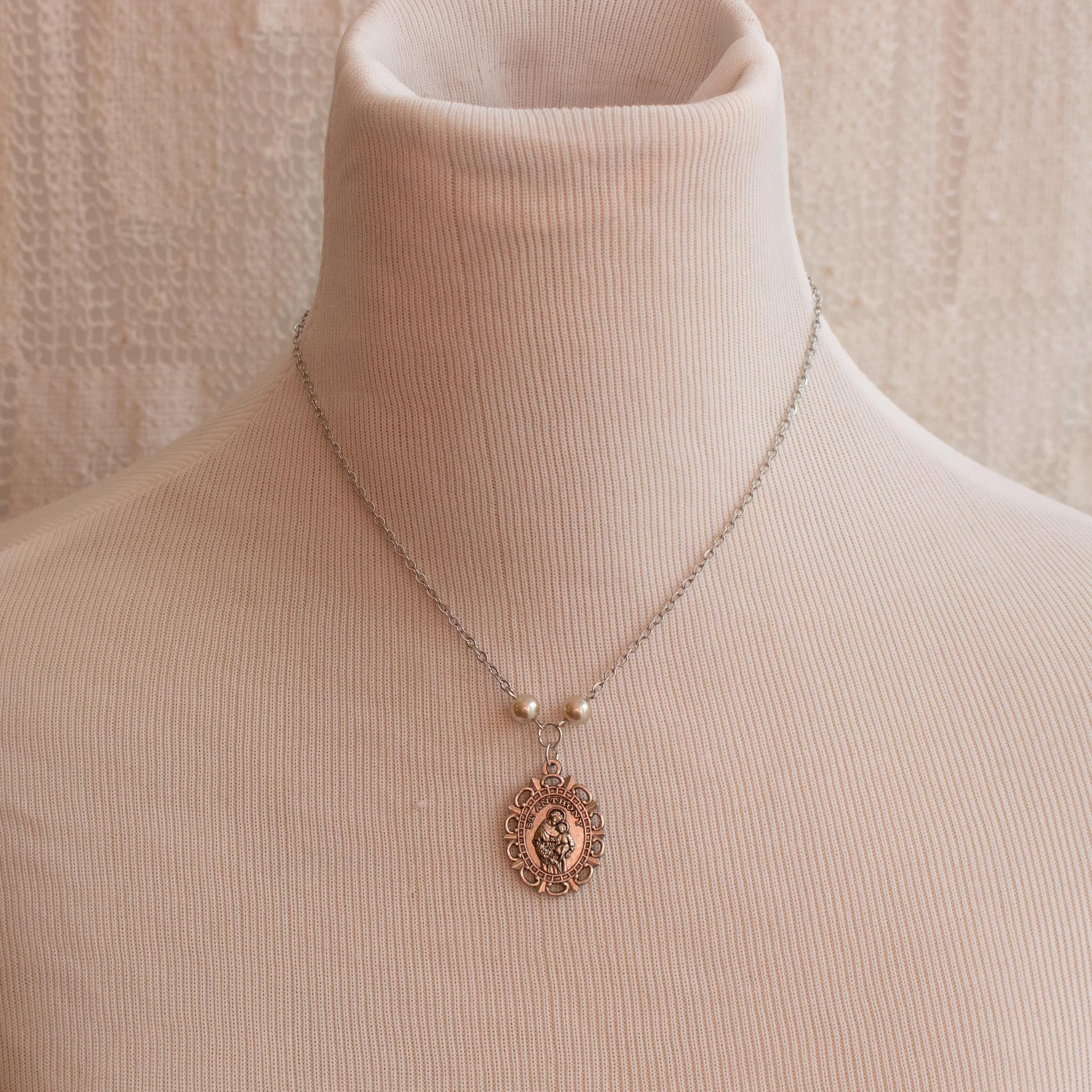 St. Anthony Pearl Pendant Necklace – Vintage Inspired Catholic Jewelry with Faux Pearl Beads