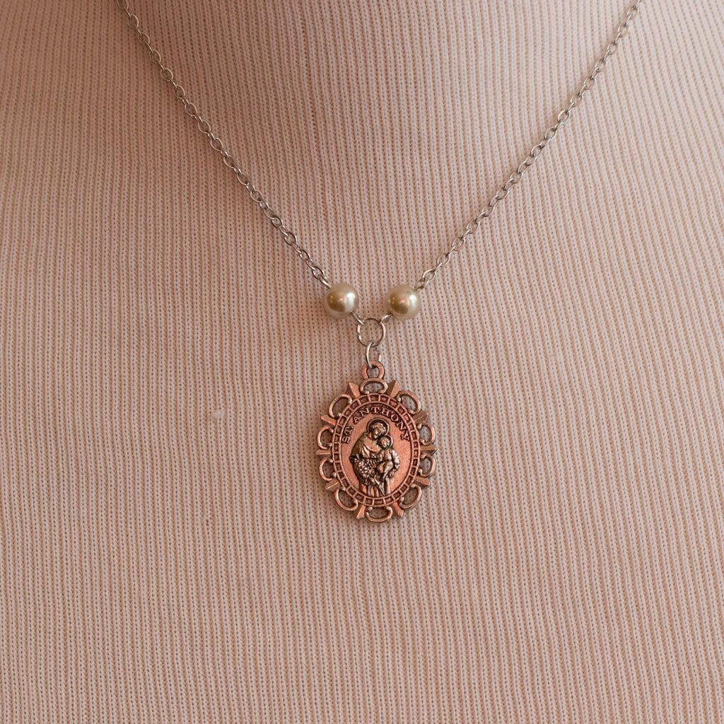 St. Anthony Pearl Pendant Necklace – Vintage Inspired Catholic Jewelry with Faux Pearl Beads