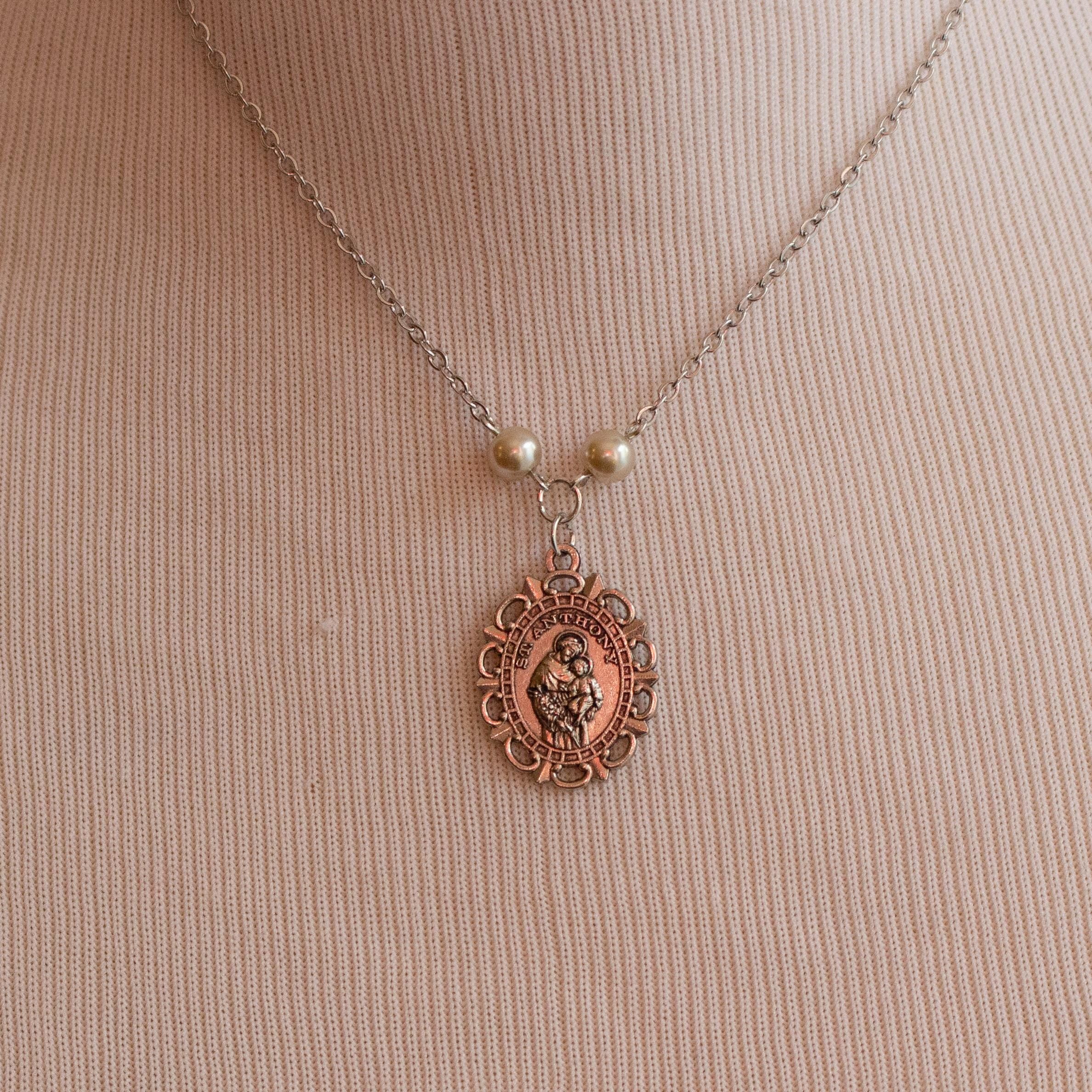 St. Anthony Pearl Pendant Necklace – Vintage Inspired Catholic Jewelry with Faux Pearl Beads