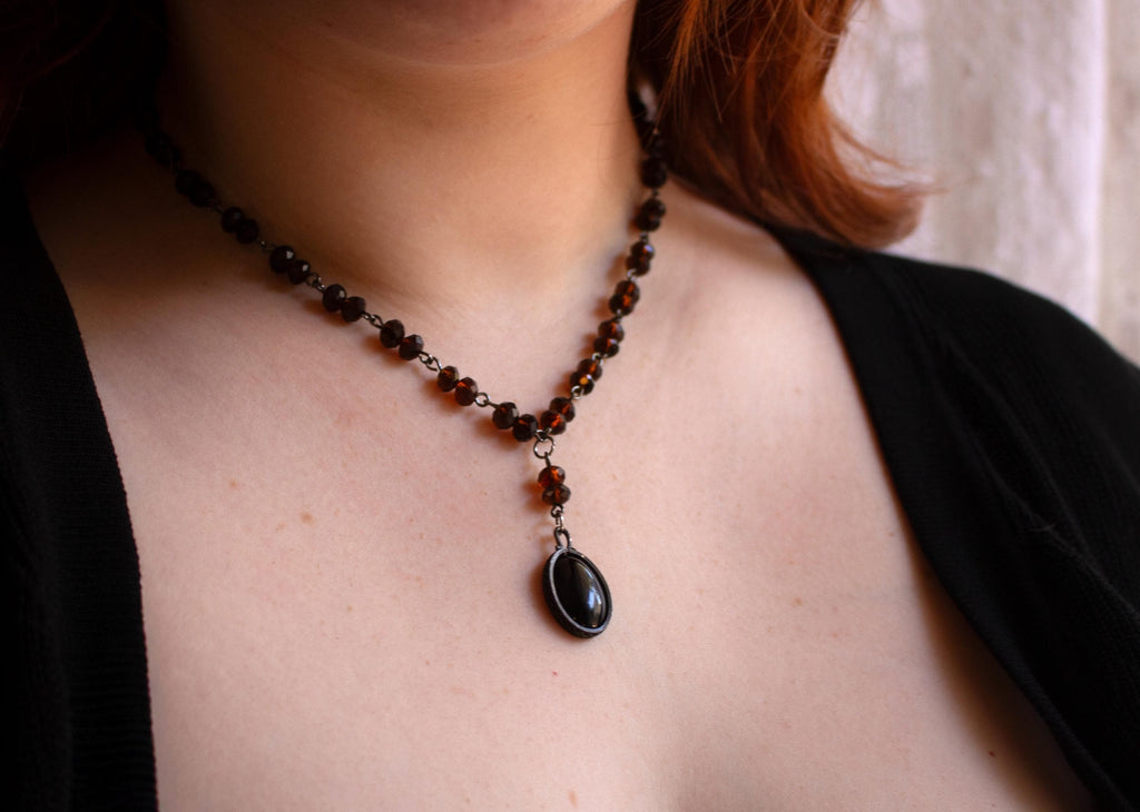 Vintage Inspired Black Stone Rosary Style Drop Necklace with Brown Beads – Handmade Spiritual Jewelry