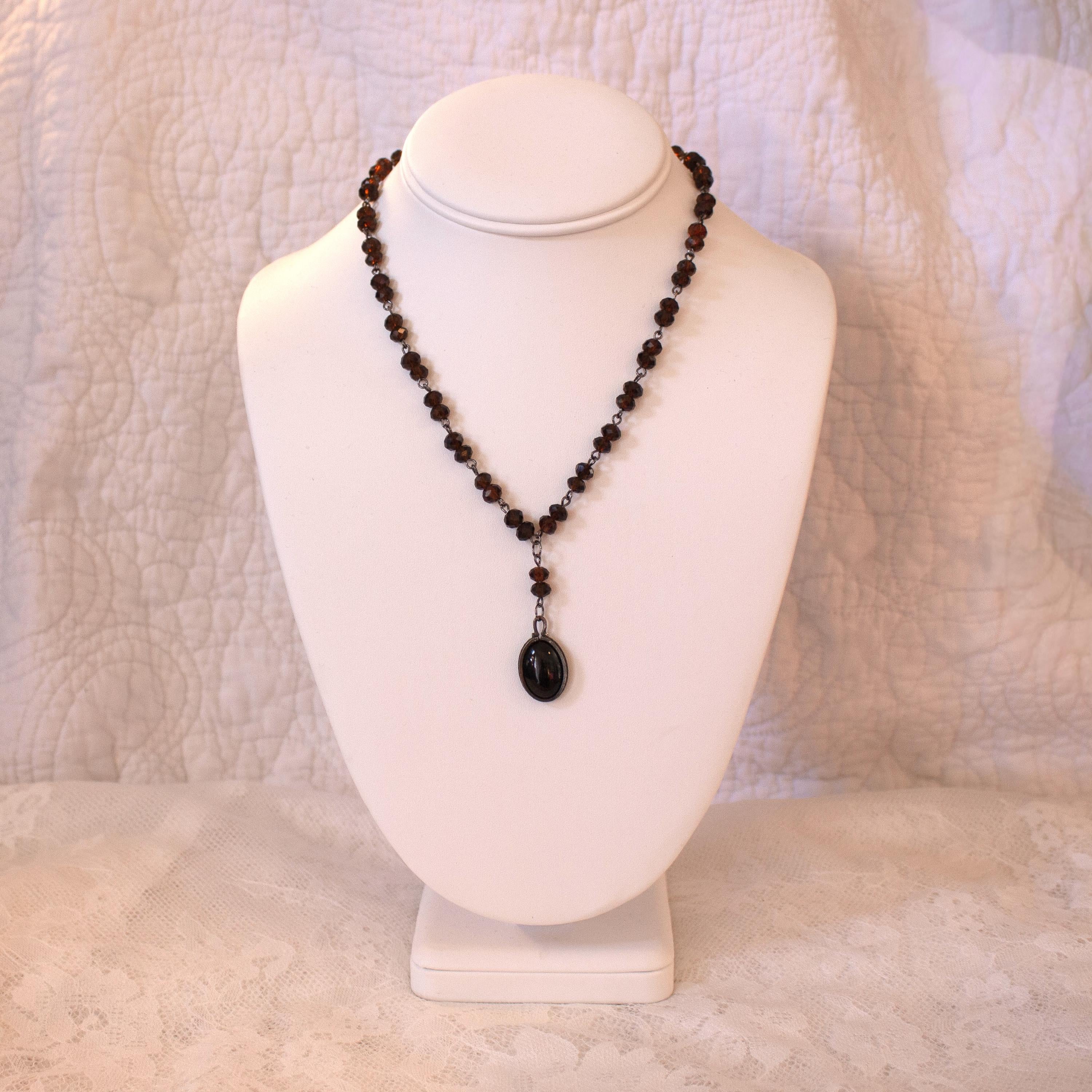 Vintage Inspired Black Stone Rosary Style Drop Necklace with Brown Beads – Handmade Spiritual Jewelry