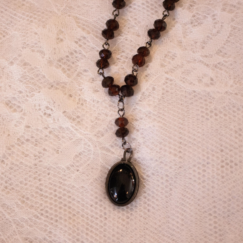 Vintage Inspired Black Stone Rosary Style Drop Necklace with Brown Beads – Handmade Spiritual Jewelry